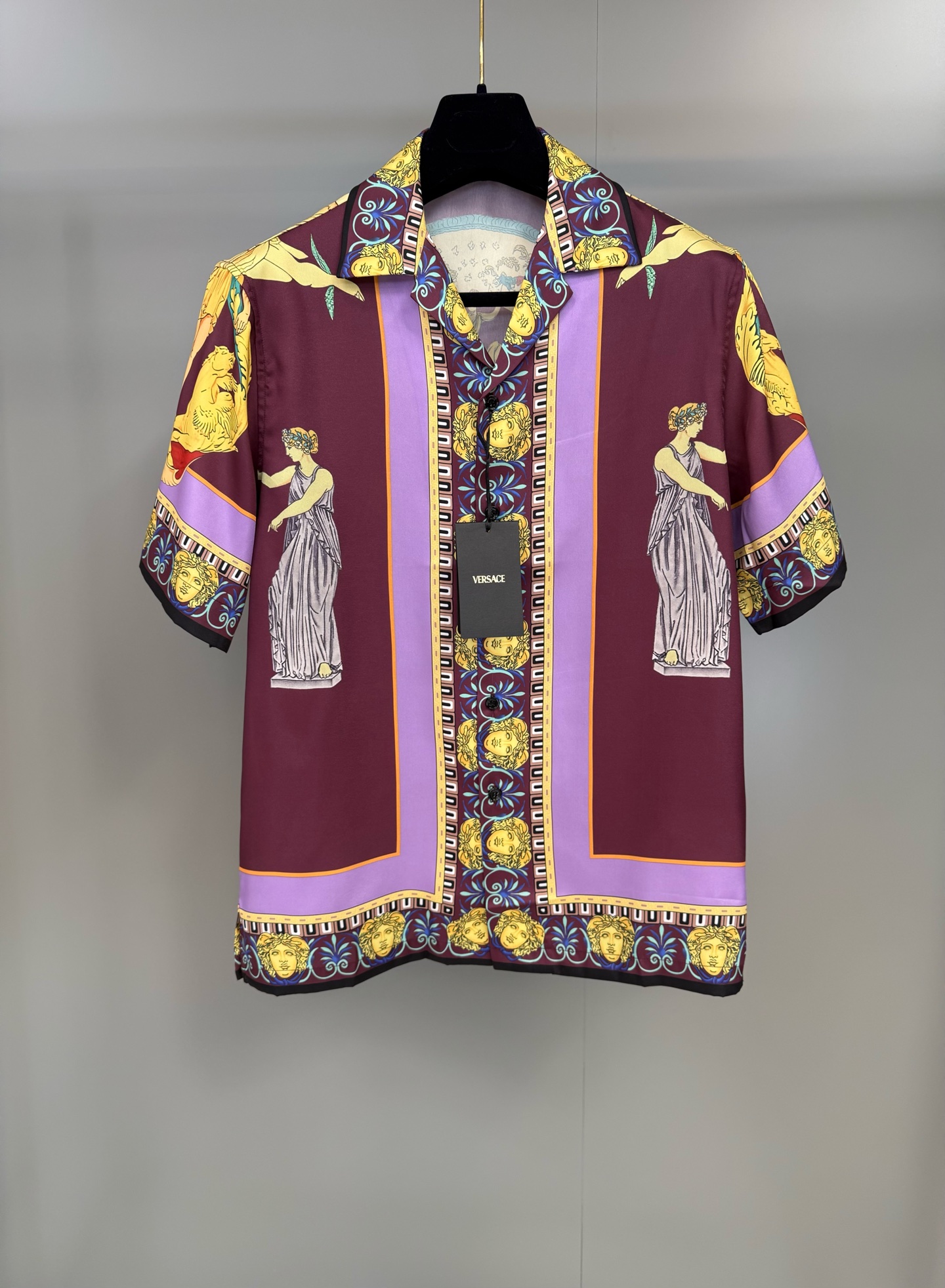 Versace Printed Silk Shirt, Short Sleeve Button-Down Shirt With Medusa Accents