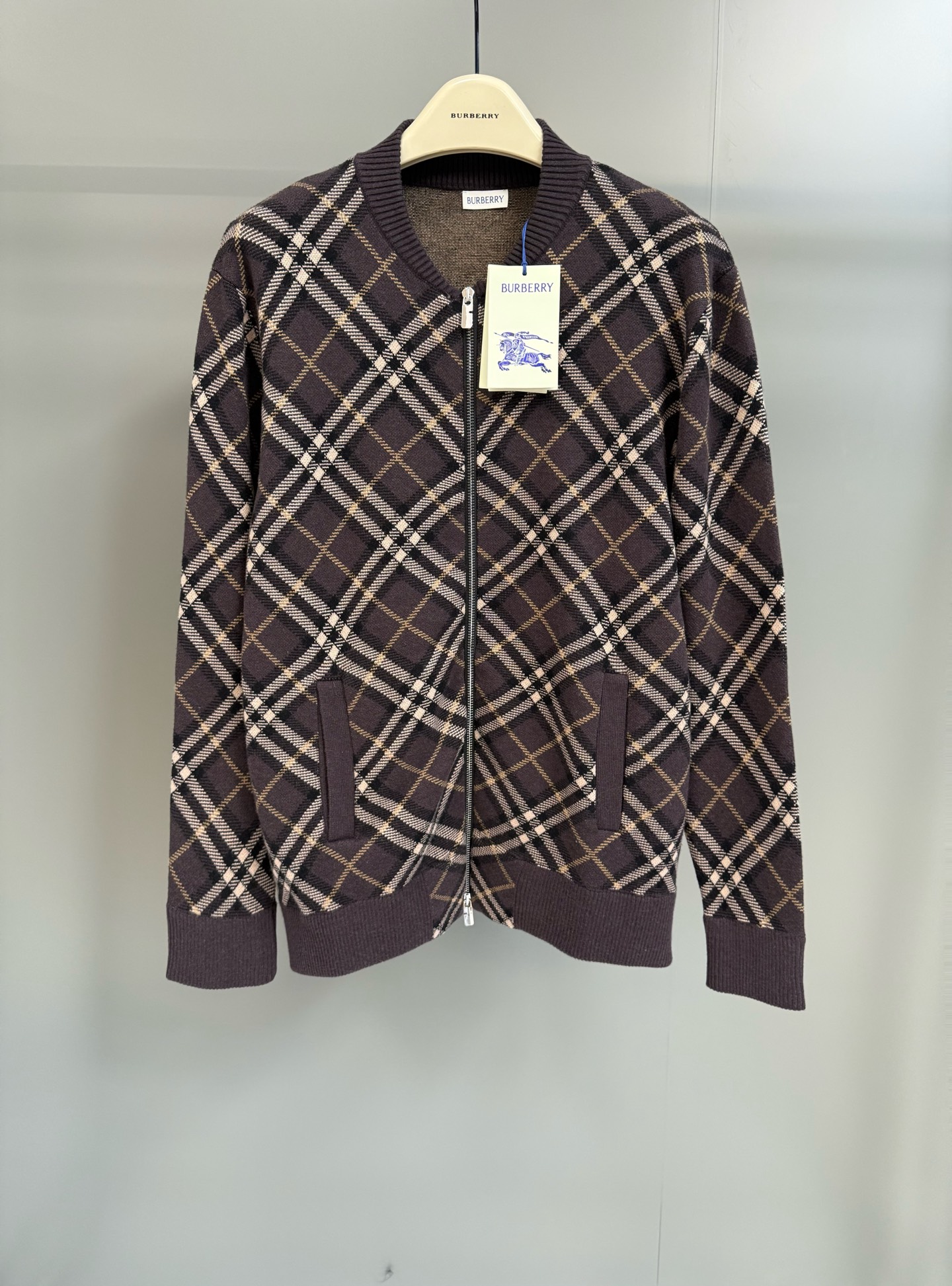 Burberry Check Wool Blend Knit Bomber Jacket with Ribbed Trims, Relaxed Fit