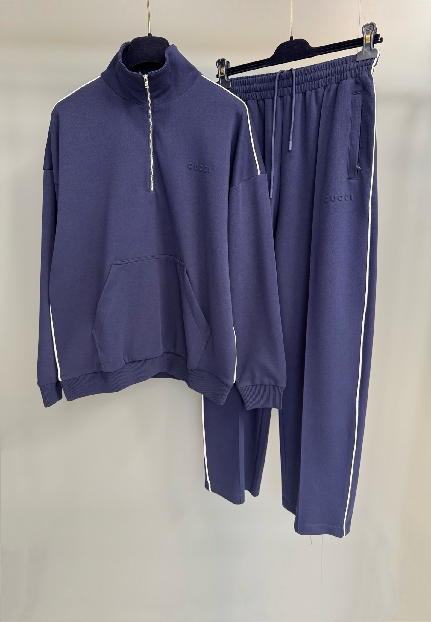 Gucci Navy Blue Jersey Active Set with White Trim and Embossed Logo