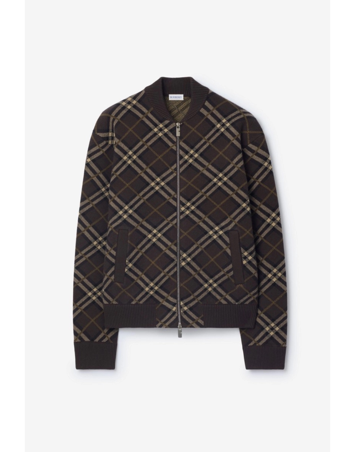 Burberry Check Wool Blend Knit Zip-Up Jacket