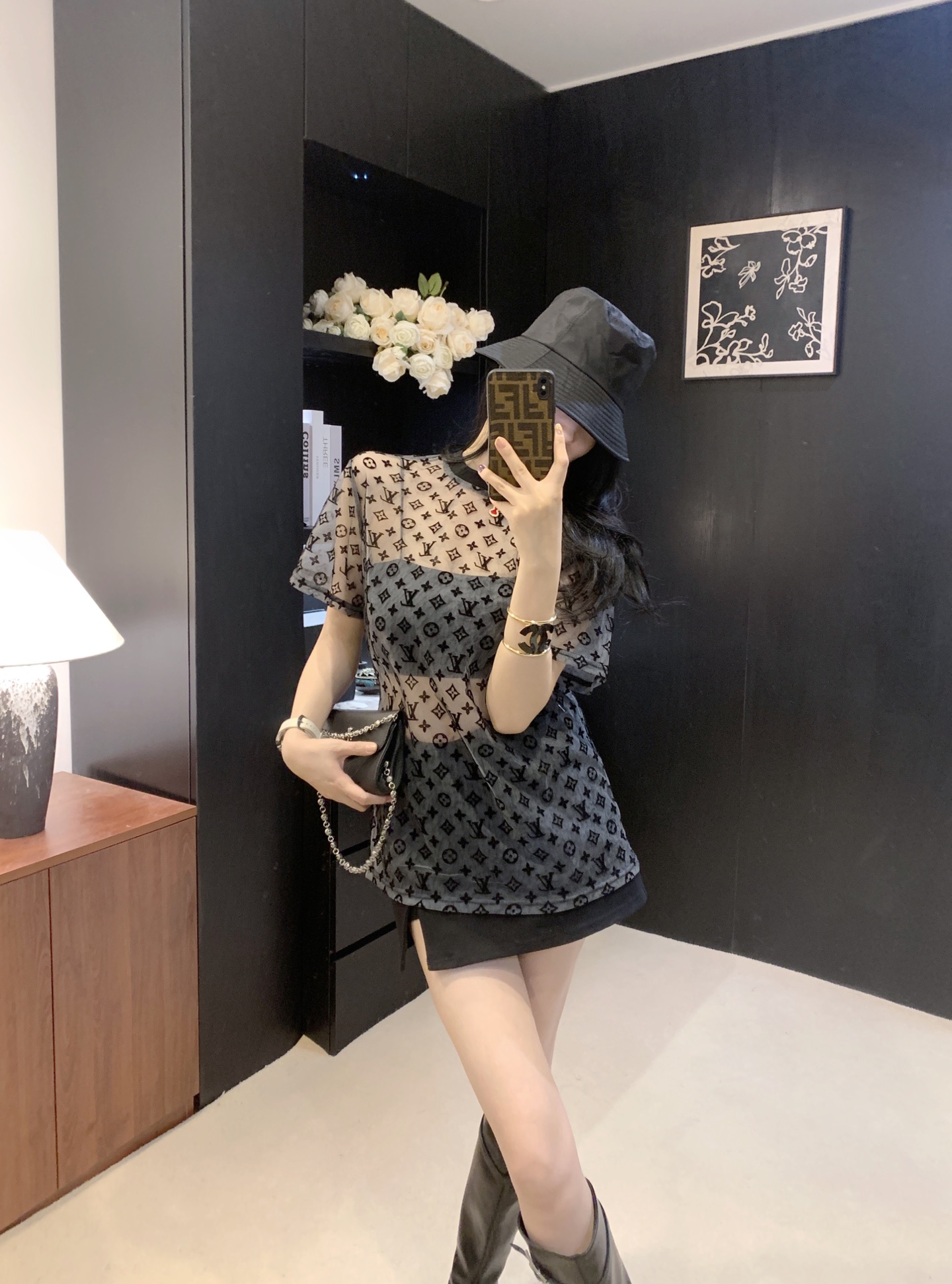 Louis Vuitton Women's Black Monogram Sheer Mesh Short Sleeve Top