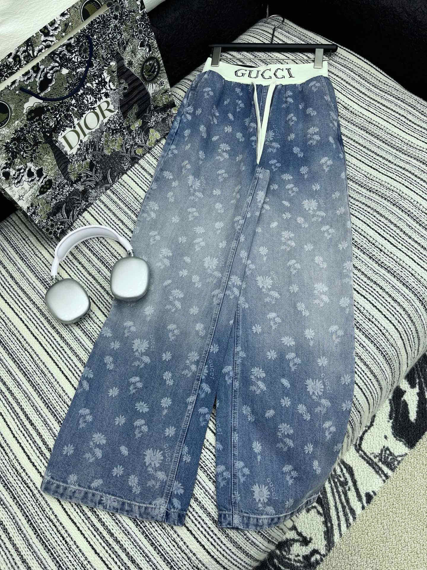 Gucci 2025 Denim Jeans with Daisy Print and Drawstring Waistband