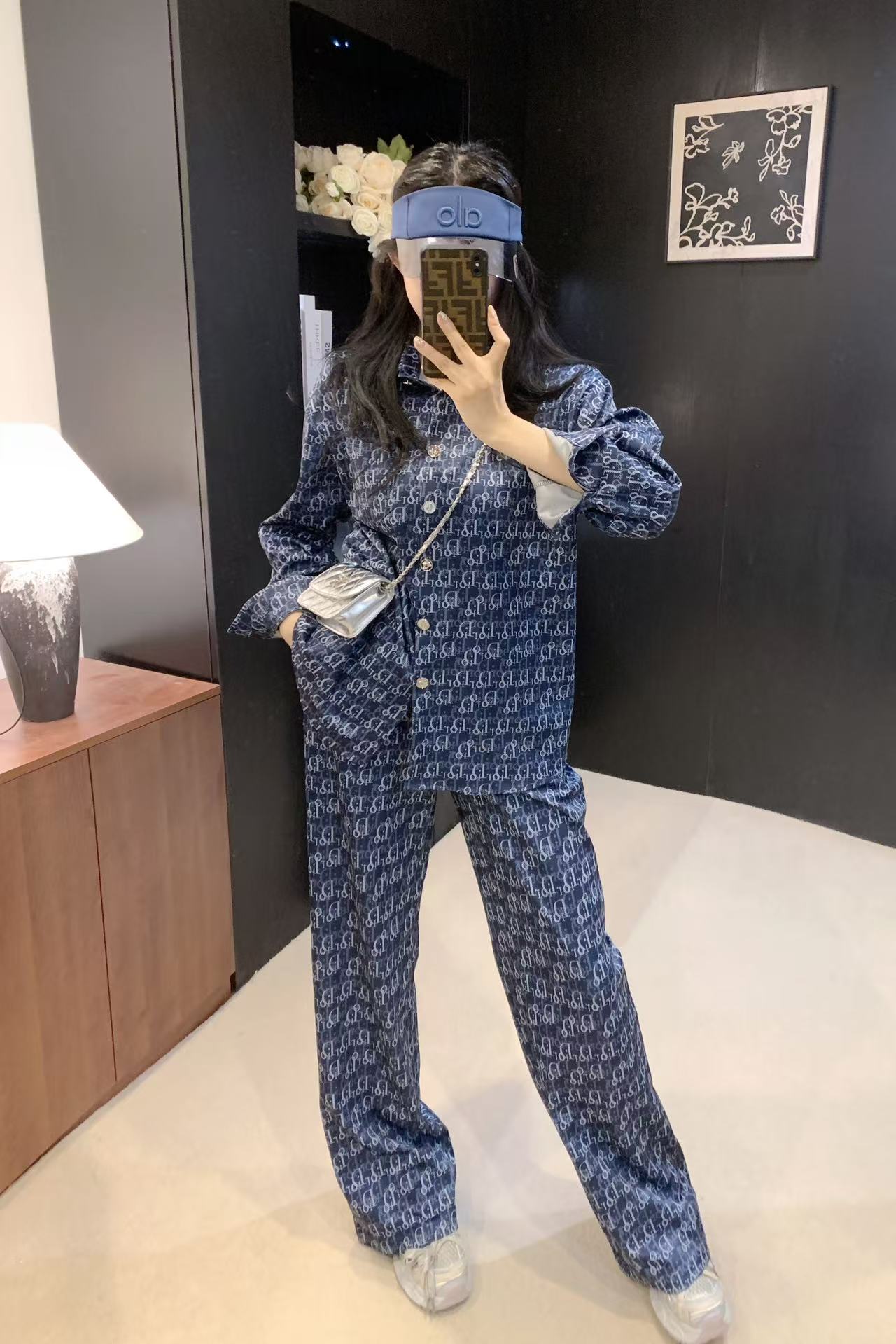 Dior Women's Blue Oblique Print Denim Pajama Set, Casual Loungewear