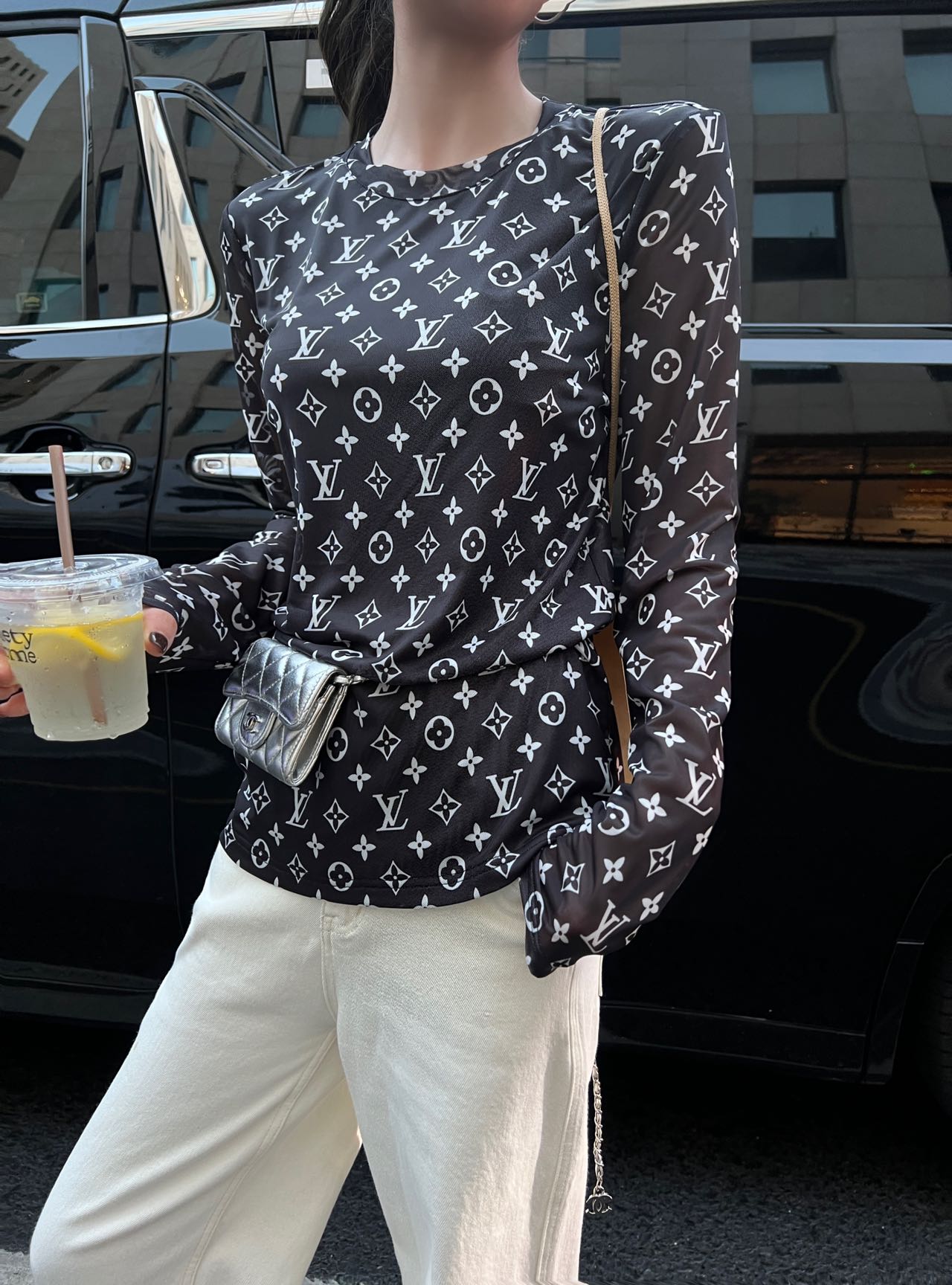 Louis Vuitton Monogram Print Mesh Top, Long Sleeve, Slim Fit, Semi-Sheer