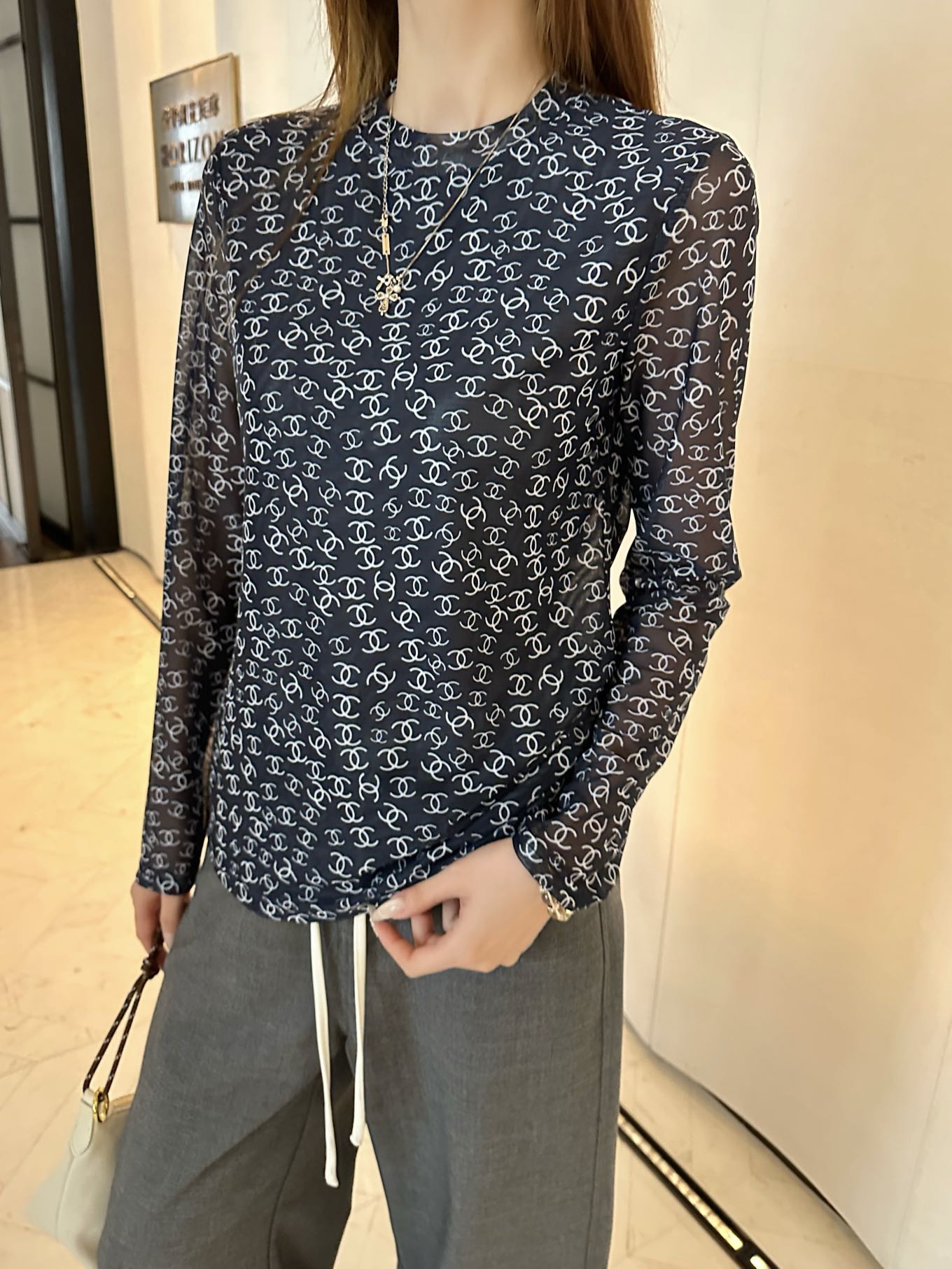 Chanel 2025FW Mesh Long Sleeve Top - Elegant Sheer Printed Blouse
