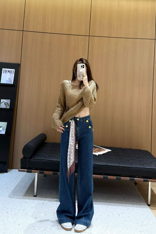 2025 Designer Jeans with Scarf Accent, YB Twill Cotton, High-Waisted, Blue 1 2025 Designer Jeans with Scarf Accent, YB Twill Cotton, High-Waisted, Blue