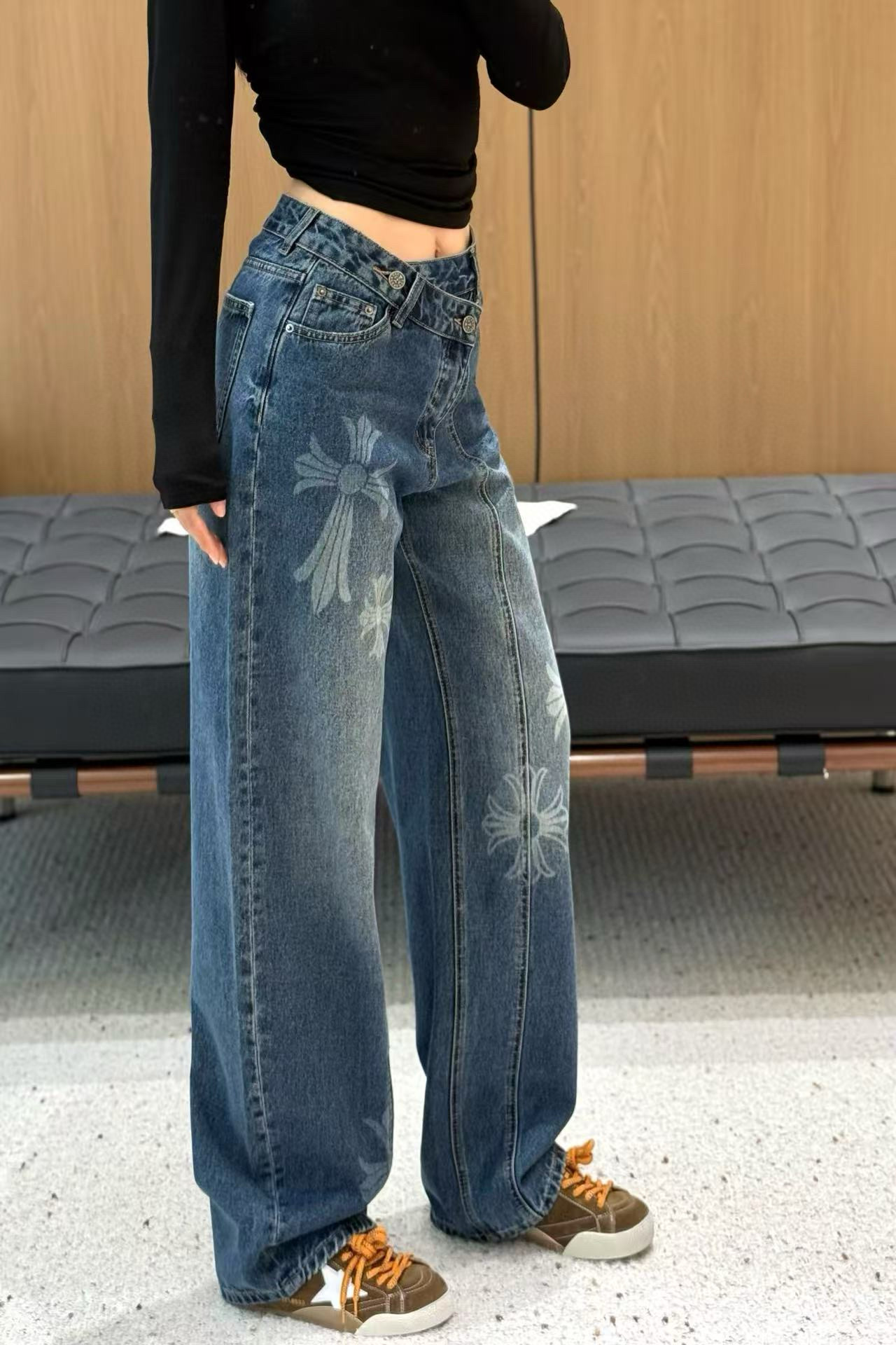 Chrome Hearts Style Jeans, Designer Inspired Denim, Gradient Wash, Rhinestone Detail