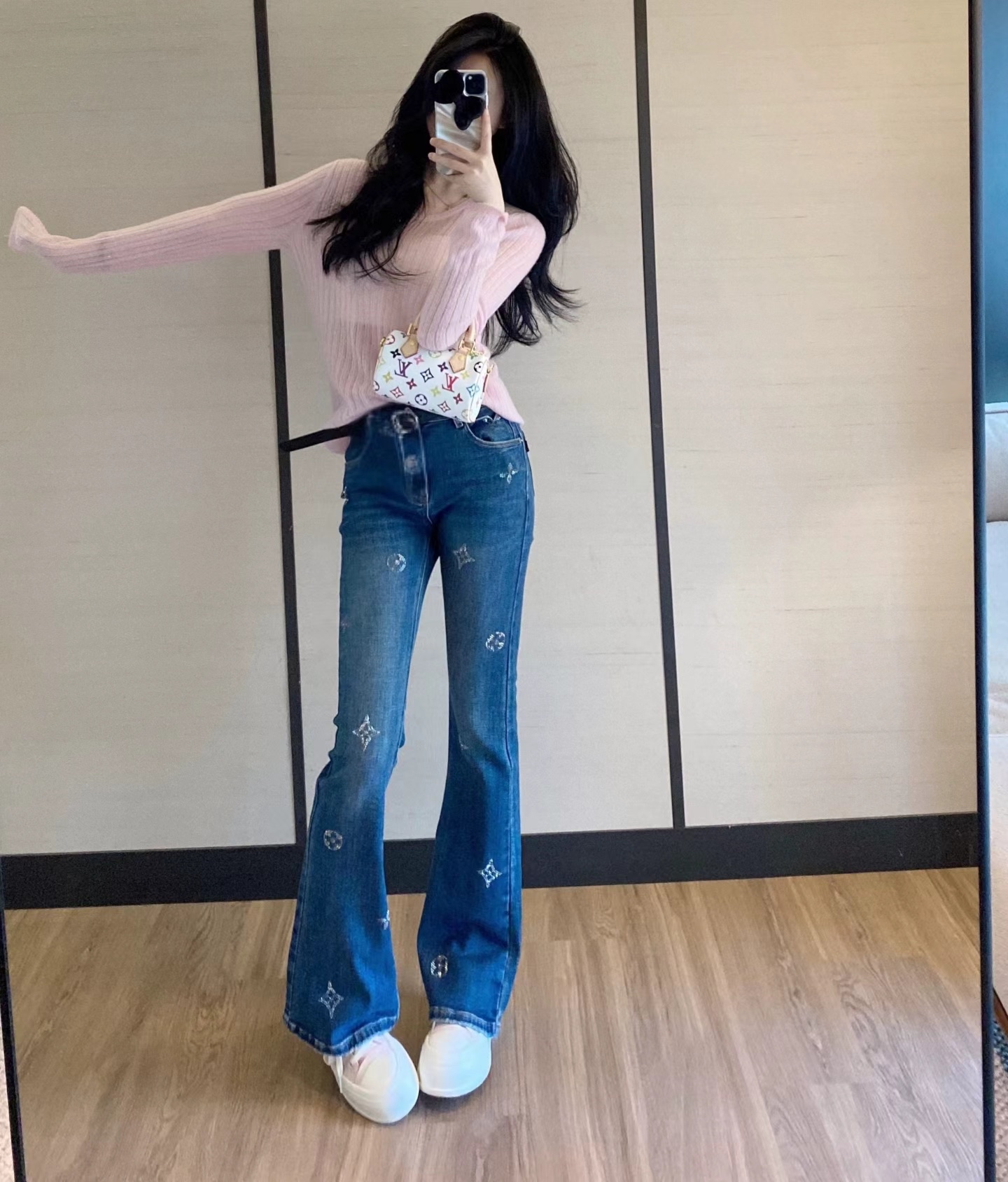 Louis Vuitton Women's Retro Flared Jeans with Rhinestone Accents and Belt 3 i1758715156990 8667 0 2