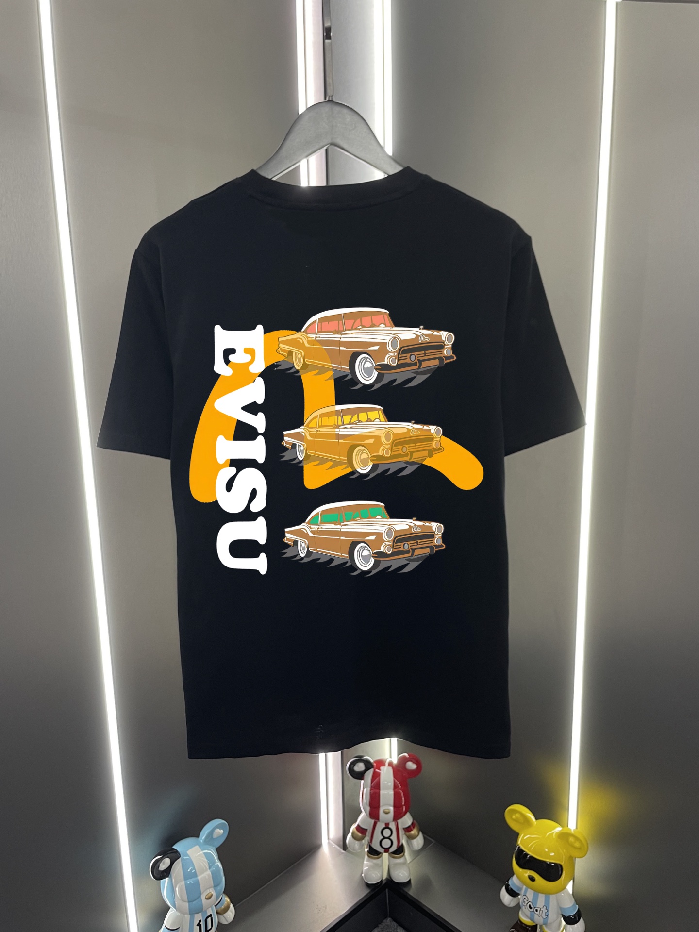 P60 Evisu Fushun 2025 nuevo estilo con estampado clásico de coche, camiseta de cuello redondo casual y holgada de manga…