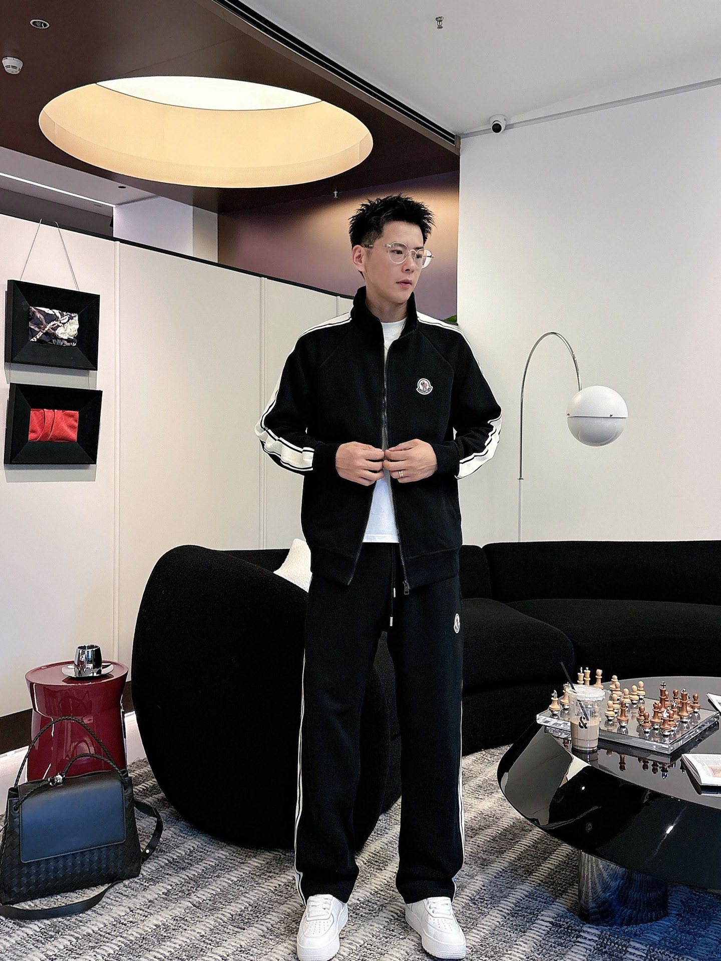 Moncler Men's Black Logo Stripe Tracksuit - Premium Quality, Comfortable Fit