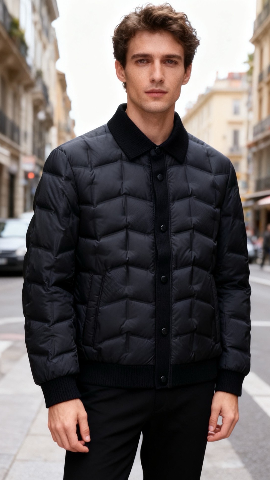 NO:656247,Louis Vuit*/LV.  The new fashionable men's black lapel down jacket for autumn and winter 25 adopts diamond quilting technology. The brand element LOGO is fully filled and evenly distributed, which effectively locks in temperature while avoiding a bloated feeling. The body is made of matte windproof fabric, and the lapel and placket are spliced with knitted material.  , forming a material contrast that adds a sense of design, the front metal snap button opening and closing is simple and neat; the cuffs and hem are both ribbed, which fits the body shape, is windproof and warm, and the overall shape is slim and crisp, combining business sophistication with winter warmth, and can be used in daily commuting or light business scenes!  Sizes 48-56, shipped next day!  ,,louis vuitton,louis vuitton,down jacket,alexander wang19860909路易威*/LV. 25秋冬新款时尚男士黑色翻领羽绒服采用菱格绗缝工艺,品牌元素LOGO搭配填充饱满且分布均匀,有效锁温的同时避免了臃肿感；衣身是哑光质感的防风面料,翻领与门襟处拼接针织材质,形成材质对比更具设计感,前襟金属按扣开合简洁利落；袖口与衣摆均为罗纹收口,贴合身形防风保暖,整体版型修身挺括,将商务精致与冬日保暖性结合,日常通勤或轻商务场景都能驾驭！尺码48-56,隔天出货！,,louis vuitton,louis vuitton,down jacket,alexander wang,Men's clothing