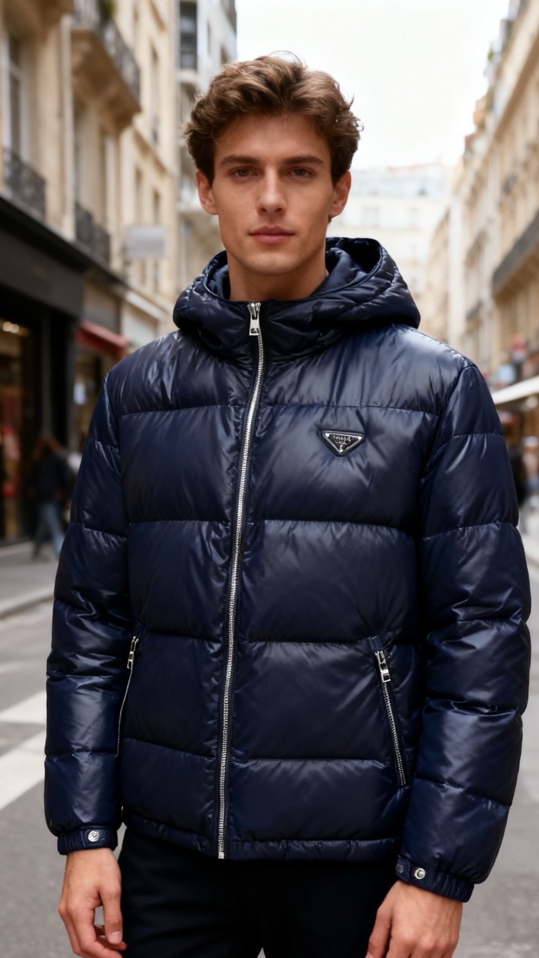 NO:656154,Pr*/Pr*da.  The new fashionable men's glossy down jacket for autumn and winter 25 has a very glossy lacquered visual effect as a whole. It adopts a classic horizontal quilted plaid design, which is full of filling and good fluffiness, and outlines a neat rhombus texture. The body is a hooded style with a crisp hood. The front is equipped with a metal zipper opening and closing, and the zipper has a delicate texture.  ; The brand's triangle logo is decorated on the left chest, becoming a visual highlight, simple and recognizable. The cuffs and hem are cut to fit, and there are invisible zipper pockets on the sides. The overall shape is neat and slim, with both fashion and practicality. It is a classic short down jacket style, with a simple and elegant style without losing the light and luxurious texture!  Sizes 48-56, shipped next day!  ,,prada,jackets & coats,down jacket,hats,alexander wang19860909普拉*/Pr*da. 25秋冬新款时尚男士亮面羽绒服整体呈现出极具光泽感的漆面视觉效果,采用经典的横向绗缝格纹设计,填充饱满且蓬松度佳,勾勒出利落的菱格纹理.衣身是连帽款式,帽型挺括,正面搭配金属拉链开合,拉链质感细腻；左胸位置饰有品牌三角标识,成为视觉亮点,简约又具辨识度.袖口与下摆做了贴合剪裁,侧边还设有隐形拉链口袋,整体版型利落修身,兼具时尚感与实用性,是经典的短款羽绒夹克样式,风格简约大气又不失轻奢质感！尺码48-56,隔天出货！,,prada,jackets & coats,down jacket,hats,alexander wang,Men's clothing