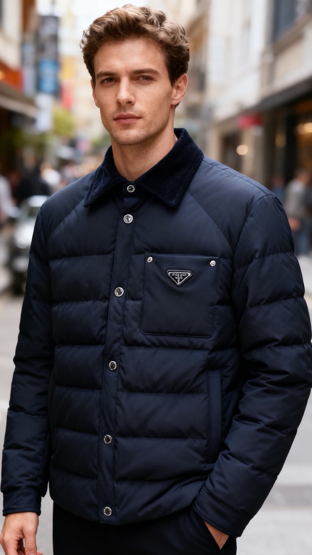 NO:656164,Prada/Pr*da.  The new fashionable men's lapel down jacket for the autumn and winter of 25 is made of matte material. The overall texture is low-key and calm. It adopts a vertical quilted plaid design. The down filling is even and full, forming a regular long rhombus pattern. The bulkiness is moderate and the shape is stiff. The body is a shirt-style lapel shape, and the collar is spliced with corduroy fabric.  Adding retro texture and layering; the front is opened and closed with metal snaps, the snaps are glossy and delicate, there is a patch pocket on the right chest, and the pocket is decorated with the brand's triangle logo, which is simple and recognizable. The overall style is short cut, with neat and smooth lines, with both casual and light luxury styles, making it both practical and fashionable for daily wear!  Sizes 48-56, shipped next day!  ,,prada,shirts,down jacket,alexander wang19860909普拉达/Pr*da. 25秋冬新款时尚男士翻领羽绒服采用哑光材质,整体质感低调沉稳,采用纵向绗缝格纹设计,羽绒填充均匀饱满,形成规整的长条菱格纹路,蓬松度适中且版型挺括.衣身是衬衫式翻领造型,领口拼接灯芯绒面料,增添复古质感与层次；正面为金属按扣开合,按扣光泽细腻,右侧胸前设有贴袋,袋口处饰有品牌三角标识,简约又具辨识度.整体为短款剪裁,线条利落流畅,兼具休闲与轻奢风格,日常穿搭实用性与时尚感兼备！尺码48-56,隔天出货！,,prada,shirts,down jacket,alexander wang,Men's clothing