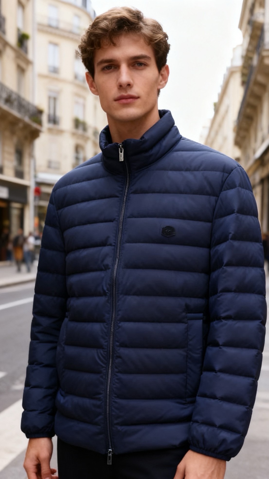 NO:656169,Armani/Armani/ 25 new autumn and winter products!  The fashionable men's stand-up collared lightweight down jacket adopts longitudinal stripe quilting technology. The down filling is even and the fluffiness is moderate, forming a regular long-strip plaid texture. The overall version is light and slim without bloat. The body has a stand-up collar design, the collar fits the neck, and the front has a hidden zipper opening and closing.  The body of the garment is of the same color, making it visually more concise; the Flying Eagle LOGO on the chest is low-key yet recognizable. There are hidden pockets on both sides of the garment, and the cuffs are designed with a snug fit. The overall style is simple and business-like, taking into account both warmth and portability. It is suitable for daily commuting and light outdoor wear!  Sizes 48-54, shipped next day!  ,,armani,armani,down jacket,alexander wang19860909阿玛尼/Armani/ 25秋冬新品！时尚男士立领轻薄羽绒服采用纵向条纹绗缝工艺,羽绒填充均匀且蓬松度适中,形成规整的长条格纹肌理,整体版型轻便修身,无臃肿感.衣身是立领设计,领口贴合颈部,正面为隐藏式拉链开合,拉链与衣身同色,视觉上更显简洁；胸前品牌飞鹰LOGO搭配低调又具辨识度.衣身两侧设有隐形口袋,袖口为贴合的收口设计,整体风格简约商务,兼顾保暖性与便携性,是日常通勤与轻户外穿搭的适配款！尺码48-54,隔天出货！,,armani,armani,down jacket,alexander wang,Men's clothing