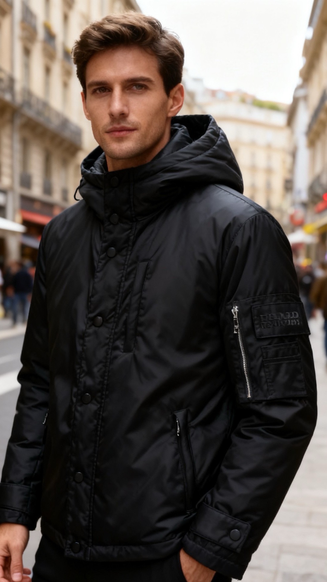 NO:656150,Prada/Pr*da.  25 new autumn and winter fashionable men's hooded down jacket. The down jacket is made of black matte functional fabric, with a crisp texture and slight water-repellent fabric properties. There is no obvious quilting pattern on the whole, and the filling is full but not bloated. The version is casual workwear style. The body is a hooded design, the hood is three-dimensional and adjustable, and the front adopts snap button + zipper double opening and closing, which is windproof.  Even better; there is a workwear-style zipper pocket with the brand's LOGO on the left arm. The bag shape is three-dimensional and becomes a visual highlight. It is also equipped with invisible zipper pockets on both sides of the body, which is full of practicality. The cuffs are designed with Velcro closures, which can be freely adjusted for tightness. The hem is neatly cut. The overall combination of workwear elements and light luxury texture makes the style tough without losing the sense of detailed design!  Sizes 48-56, shipped next day!  ,,prada,down jacket,hats,alexander wang19860909普拉达/Pr*da. 25秋冬新款时尚男士连帽羽绒服羽绒服为黑色哑光机能风面料,质感挺括且带有轻微的防泼水面料特性,整体无明显绗缝格纹,填充饱满却不显臃肿,版型为休闲工装风格.衣身是连帽设计,帽型立体且可调节,正面采用按扣+拉链双重开合,防风性更佳；左臂处设有品牌LOGO标志性的工装风拉链口袋,袋型立体,成为视觉亮点,衣身两侧也配有隐形拉链口袋,实用性拉满.袖口为魔术贴收口设计,可自由调节松紧,下摆剪裁利落,整体融合了工装元素与轻奢质感,风格硬朗又不失细节设计感！尺码48-56,隔天出货！,,prada,down jacket,hats,alexander wang,Men's clothing