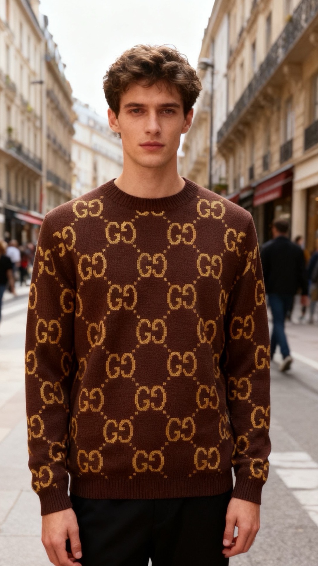 NO:656147,Gucci/Gu*ci.  25 new autumn fashionable men's and women's men's and women's round neck sweaters are made of coarse knitted fabric as the base. The texture is thick and textured, soft and waxy to the touch, and the shape is stiff and not easy to deform. It adopts a classic round neck design, and the ribbed edge of the collar is moderately elastic and fits the neck without being tight. The whole body of the garment is paved with classic brand double G jacquard patterns, with large patterns  The uniform size and regular arrangement form a strong visual contrast with the background color. The brand's iconic elements show a light and luxurious texture; the cuffs and hem are both ribbed in the same color, which can effectively prevent wind and fit the body shape. The overall style is a loose shoulder design, casual and casual without losing the sense of design. It is a single item that is both recognizable and practical to wear!  Sizes S-2XL, shipped next day!  ,,gucci,alexander wang19860909古驰/Gu*ci. 25秋季新品时尚男女同款圆领毛衫粗针织面料为基底,质地厚实且纹理感强,触感软糯同时版型挺括不易变形.采用经典的圆领设计,领口罗纹收边弹性适中,贴合颈部不紧绷.衣身通体铺经典品牌双G提花图案,图案大小均匀、排列规整,与底色形成强烈视觉对比,品牌标志性元素尽显轻奢质感；袖口与下摆均为同色罗纹收口,能有效防风且贴合身形,整体为宽松的落肩版型,休闲随性又不失设计感,是兼具辨识度与穿搭实用性的单品！尺码S-2XL,隔天出货！,,gucci,alexander wang,Men's clothing