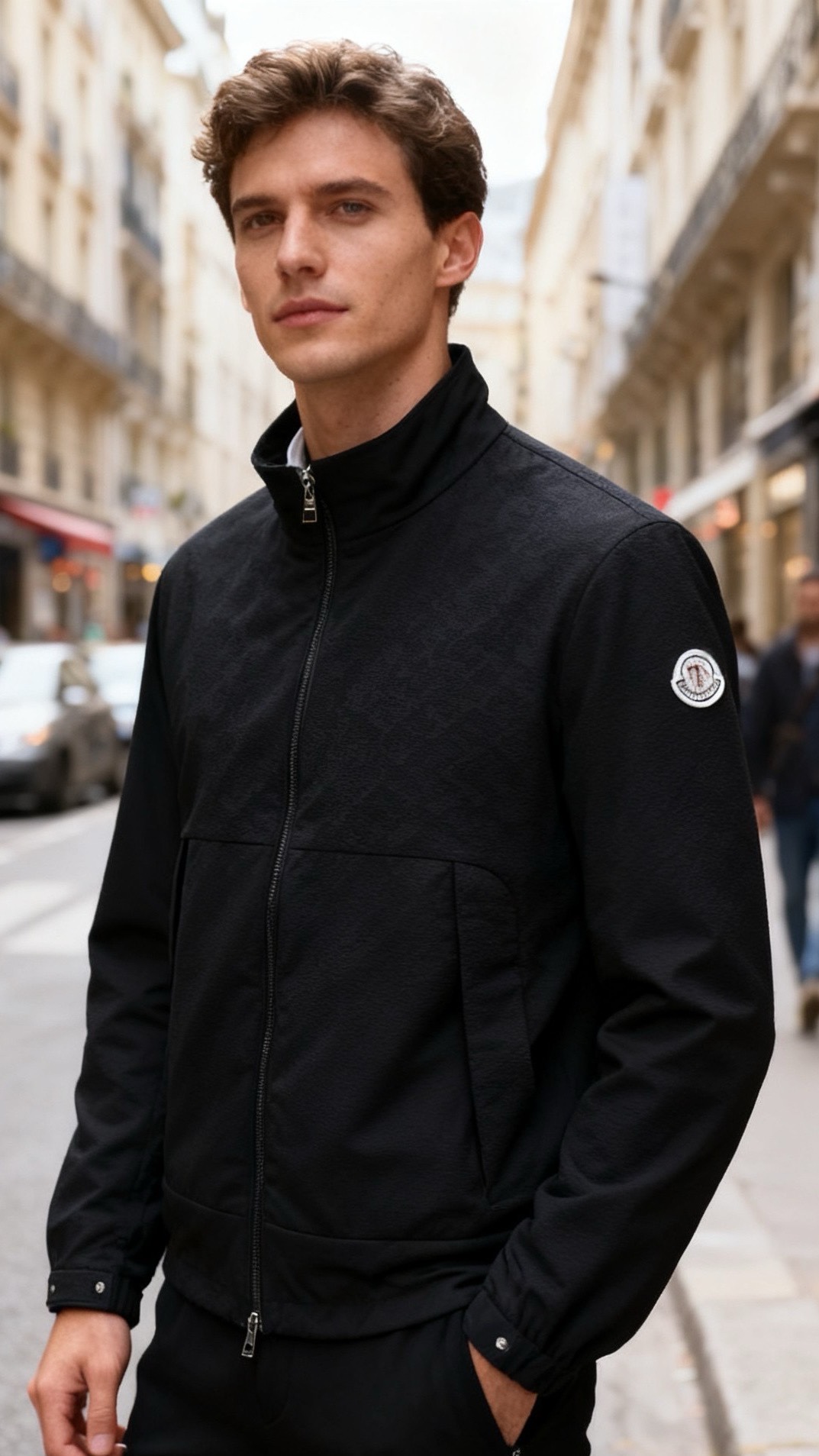 NO:656174,Moncler/Meng Mouth. New products for autumn and winter 25!  Fashionable men's stand-up collar jacket, made of customized jacquard texture fabric with fine honeycomb texture, which is both windproof and breathable. It has a crisp texture and is not easy to wrinkle. It has a simple stand-up collar version with two-way metal zipper closure. The left sleeve is embellished with the brand's iconic circular badge, which is highly recognizable. There is a large-size patch on the front of the body.  The bag is equipped with a button adjustment design at the cuffs, and the hem is naturally hemmed. The details are full of the craftsmanship of high-end outdoor brands. The fit is tailored to make it neat and not bulky. It can be worn with T-shirts, sweaters, casual pants, and overalls. It is a versatile item for urban travel and light outdoor scenes in spring and autumn. It combines light luxury texture and practical functionality!  Sizes 1-6, shipped next day!  ,,Moncler,jackets & coats,tees,t-shirt,alexander wang19860909Moncler/蒙口. 25秋冬新品！时尚男士立领夹克,采用定制的提花肌理面料制作,面料带有细腻的蜂窝状纹理,兼具防风性与透气性,质感挺括且不易起皱；整体为简约立领版型,搭配双向金属拉链开合,左袖处缀有品牌标志性的圆形徽章,极具辨识度,衣身正面设有大尺寸贴袋,袖口处配有纽扣调节设计,下摆为自然收边,细节处尽显高端户外品牌的工艺水准.版型为合身剪裁,穿着利落不臃肿,可内搭T恤、针织衫,搭配休闲裤、工装裤,是春秋季都市出行与轻户外场景的百搭单品,融合了轻奢质感与实用机能性！尺码1-6,隔天出货！,,Moncler,jackets & coats,tees，t-shirt,alexander wang,Men's clothing