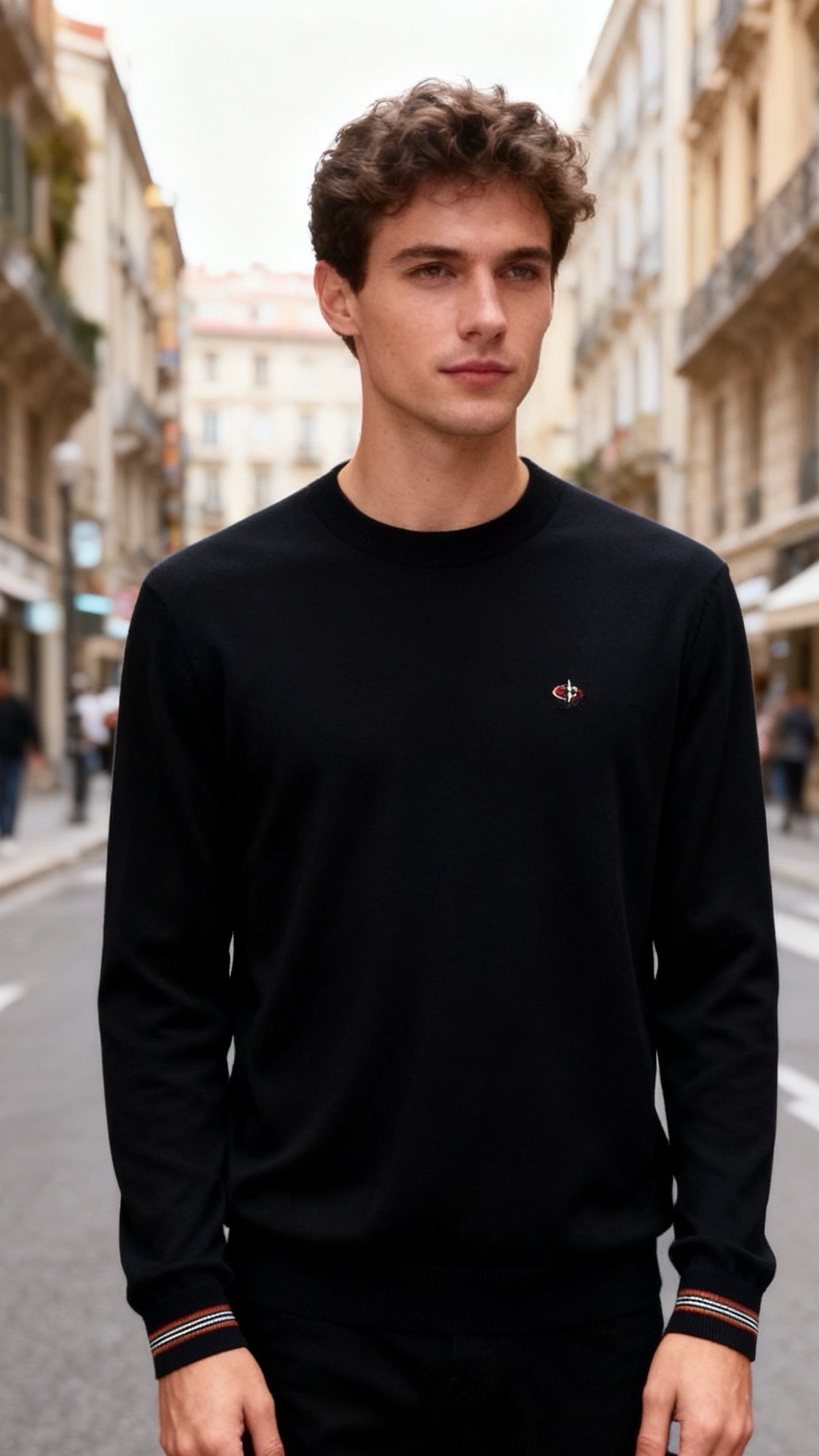 NO:684369,Croxin. 25 autumn and winter new fashion men's black round neck knitted long-sleeved shirt, classic round neck with ribbed edges, small embroidered logo on the left chest, simple and not monotonous, contrasting stripe design on the cuffs to add a sense of detail; Made of fine knitted fabric, skin-friendly and warm with good breathability, the loose version is highly tolerant to the body shape; the black main color is versatile and can be paired with casual pants, suit pants, etc., suitable for daily commuting, light business and other scenarios!  Sizes 48-56, shipped next day!  ,,chrome hearts,business suit,19860909克罗心. 25秋冬新品时尚男士黑色圆领针织长袖衫,经典圆领搭配罗纹收边,左胸小巧刺绣标点缀简约不单调,袖口撞色条纹设计增添细节感；选用细腻针织面料,亲肤保暖且透气性佳,宽松版型对身形包容度高；黑色主调百搭,可搭配休闲裤、西装裤等,适配日常通勤、轻商务等多种场景！尺码48-56,隔天出货！,,chrome hearts,business suit,,Men's clothing