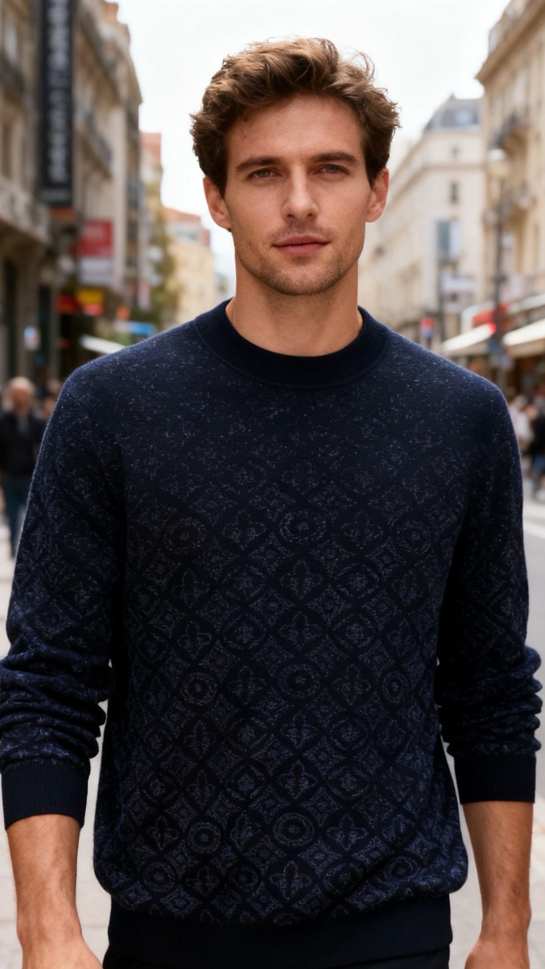 NO:684366,Louis Vuit*/Louis Vuit*on.  25 autumn and winter new fashionable men's jacquard knitted sweater. It adopts a semi-high round neck design with ribbed edges. The body is covered with gradient jacquard dark patterns, transitioning from fine shimmering silver textures to retro patterns. It has rich layers and high-end texture. Selected thick knitted fabrics are warm and stiff.  The straight fit is loose and not tight, and is friendly to all body shapes. The navy blue main tone is light and luxurious, and can be matched with suits, casual pants, etc., and is suitable for business banquets, daily high-end leisure and other scenes. The ribbed cuffs and hem in the details further improve the fit!  Sizes 48-56, shipped next day!  ,,louis vuitton,louis vuitton,sweaters,business suit,19860909路易威*/Louis Vuit*on. 25秋冬新品时尚男士提花针织毛衣,采用半高圆领设计搭配罗纹收边,衣身布满渐变提花暗纹,从细碎闪银纹理过渡到复古花纹,层次丰富且质感高级；精选厚实针织面料,保暖性与挺括度兼具,直筒版型宽松不紧绷,对各类身形友好；藏青色主调轻奢大气,可搭配西装、休闲裤等,适配商务宴请、日常高端休闲等场景,细节处的罗纹袖口与下摆进一步提升穿着贴合度！尺码48-56,隔天出货！,,louis vuitton,louis vuitton,sweaters,business suit,,Men's clothing