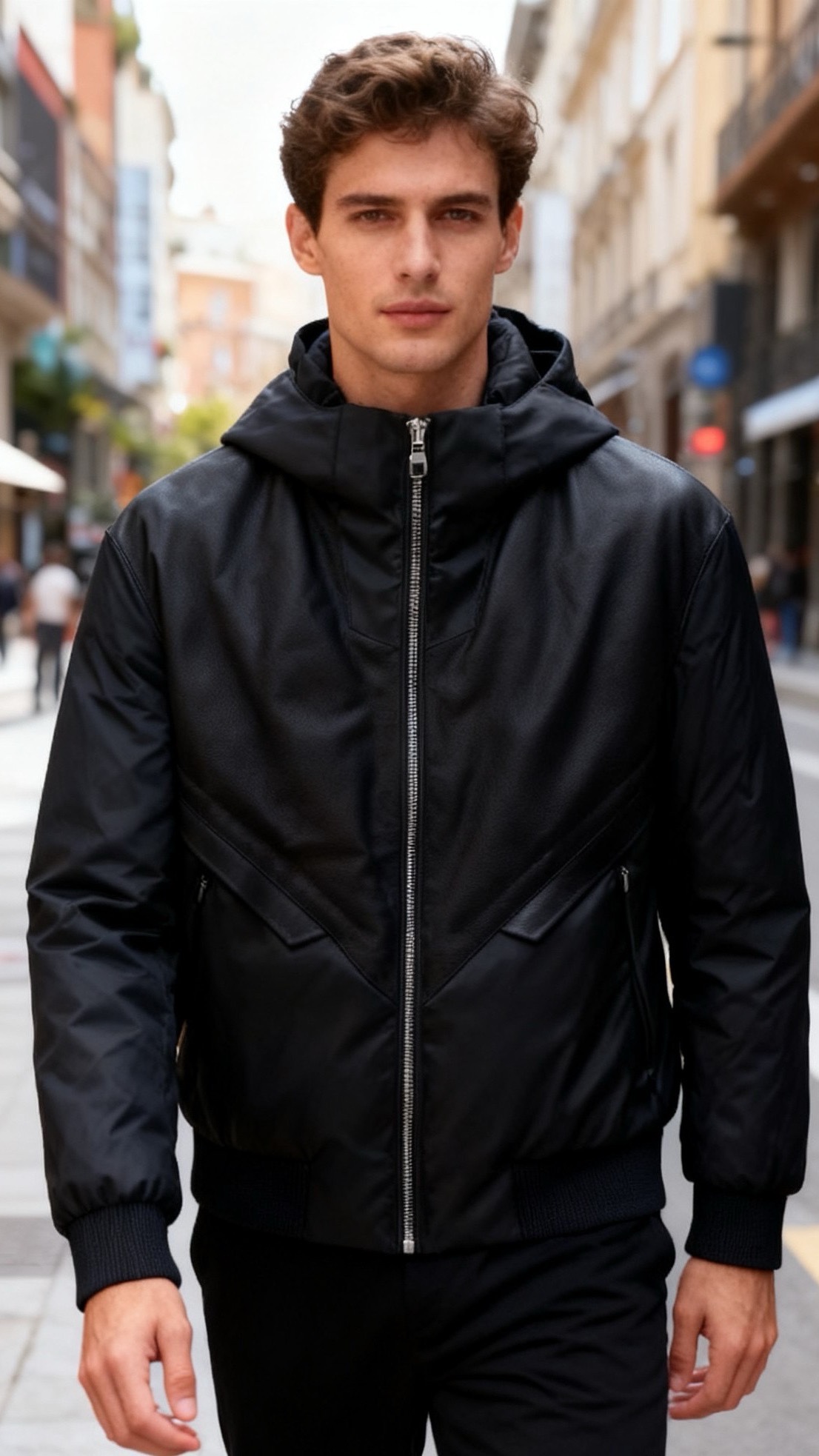 NO:684338,Jenny*/Ze*na. New products for autumn and winter 2025!  The fashionable men's black hooded down jacket uses a high-end combination of first-layer genuine leather splicing and high-quality goose down filling. The goose down has high loft and warmth far beyond ordinary down. The genuine leather fabric has a delicate texture and is full of luster. The splicing design makes the body layered and more three-dimensional; the hooded shape is matched with a full metal zipper closure, which is neat and windproof, and the body has geometric splicing lines.  Echoing the zipper pocket, it has both a sense of design and practicality. The ribbed cuffs and hem fit the body shape to lock in heat and wind. The main color is black, which is calm and atmospheric. The combination of genuine leather and goose down shows a high-end texture. It can be worn with cashmere sweaters and shirts to create a business casual look, or it can also be paired with a sweater for a light luxury casual style. It is a high-end wear item that combines warmth and luxury style in autumn and winter!  Sizes 48-56, shipped next day!  ,,zegna,hoodie,sweatshirts,shirts,down jacket,hats,19860909杰尼*/Ze*na. 2025秋冬新品！时尚男士黑色连帽羽绒服采用头层真皮拼接与高品质鹅绒填充的高端组合,鹅绒蓬松度高、保暖性远超普通羽绒,真皮面料质感细腻且富有光泽,拼接设计让衣身层次丰富更具立体感；连帽造型搭配全金属拉链开合,利落又增强防风性,衣身几何拼接线条与拉链口袋相呼应,兼具设计感与实用性,罗纹袖口与下摆贴合身形锁温防风；黑色主调沉稳大气,真皮与鹅绒的搭配尽显高端质感,可内搭羊绒衫、衬衫打造商务休闲造型,也能搭配卫衣走轻奢休闲风格,是秋冬兼具保暖性与奢华格调的高阶穿搭单品！尺码48-56,隔天出货！,,zegna,hoodie,sweatshirts,shirts,down jacket,hats,,Men's clothing