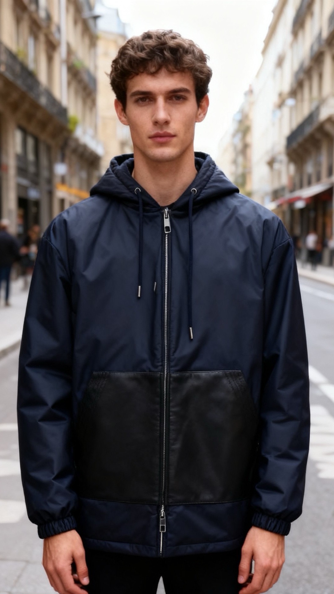 NO:680913,Ermenegildo Zegna. New products for autumn and winter!  Fashionable men's hooded down and leather jacket. The main body is made of smooth matte windproof fabric. The interior is filled with full down, which has excellent warmth retention and is not bulky. The chest is spliced with a large black leather pocket with fine texture, creating a contrast between the fabric and the leather, adding to the  The design has a sense of layering; the hood has a drawstring that can be freely adjusted for tightness, the silver metal zipper on the front opens and closes neatly, and the elastic cuffs can effectively lock in temperature; the overall loose and casual fit combines light luxury and street style, making it a winter outfit with both warmth and design!  Sizes 48-56, shipped next day!  ,,zegna,jackets & coats,down jacket,hats,19860909杰尼亚. 秋冬新品！时尚男士连帽羽绒拼皮外套,主体采用顺滑哑光的防风面料打造,内里填充饱满羽绒,保暖性优异且衣身不臃肿；胸前拼接质感细腻的黑色皮质大口袋,形成面料与皮质的撞色反差,增添设计层次感；连帽配抽绳可自由调节松紧,正面银色金属拉链开合精致利落,袖口弹性束口能有效锁温；整体宽松休闲版型,融合轻奢与街头风格,是冬季兼具保暖与设计感的穿搭单品！尺码48-56,隔天出货！,,zegna,jackets & coats,down jacket,hats,,Men's clothing