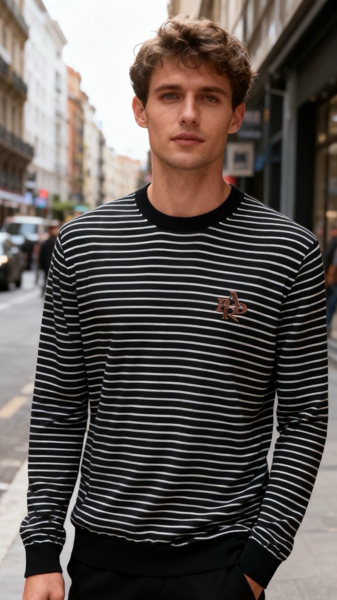 🔥普拉*/Pr*da.25秋冬新品！时尚纯羊毛材质的男士圆领针织衫，衣身以深灰为底色搭配白色横向细条纹，