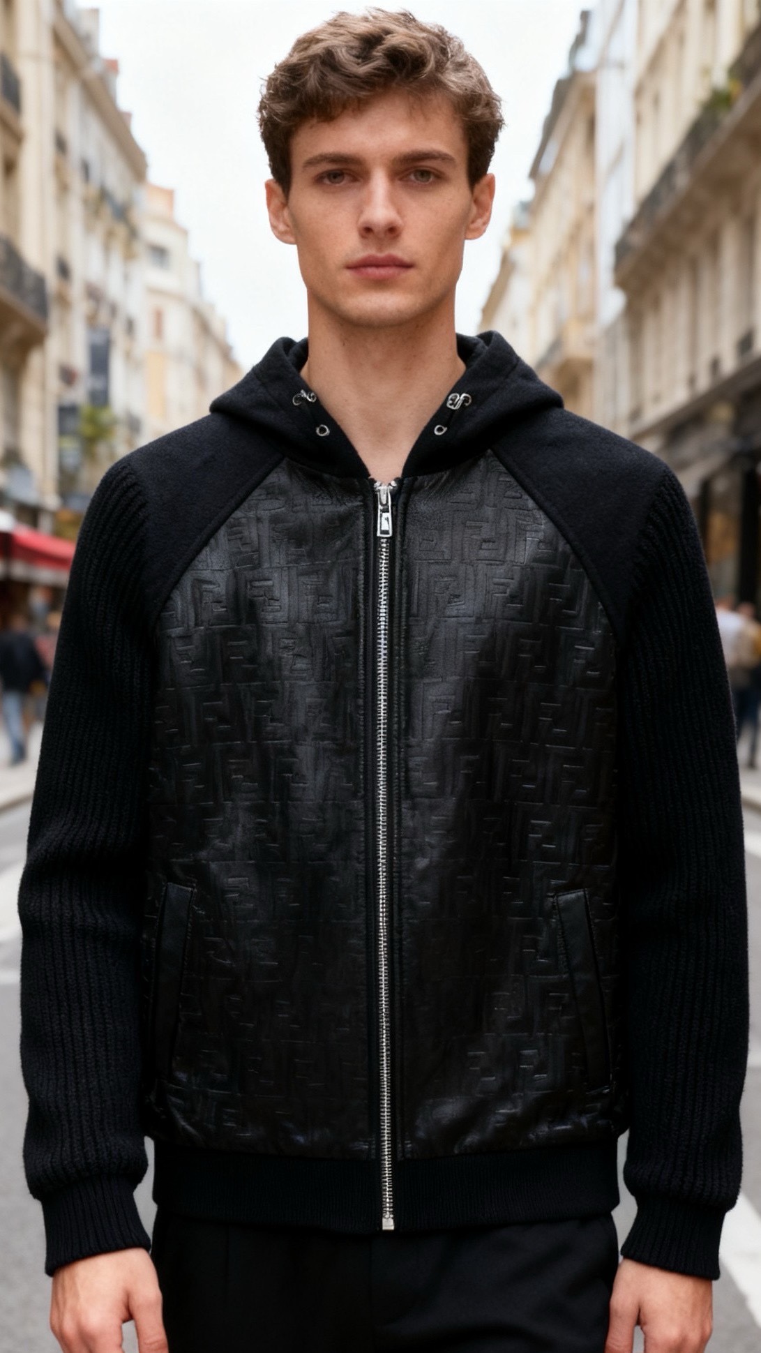 🔥芬迪/Fe*di.25秋冬新品🆕男士连帽夹克，采用羊毛面料与羊皮拼接设计，羊毛部分构成插肩长袖、连帽及