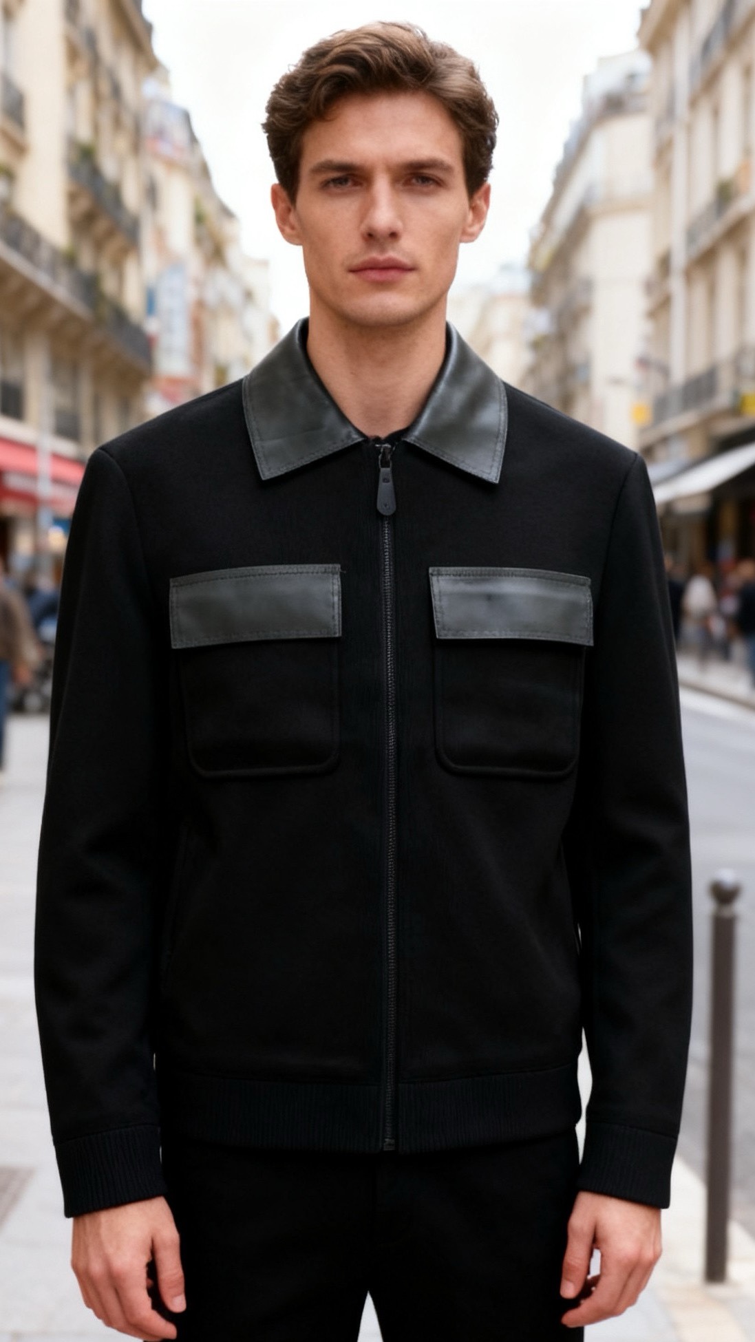 🔥杰尼亚/Ze*na.2025秋冬新品男士夹克，主体采用聚酯纤维面料打造，领口与前襟口袋盖处拼接绵羊皮材