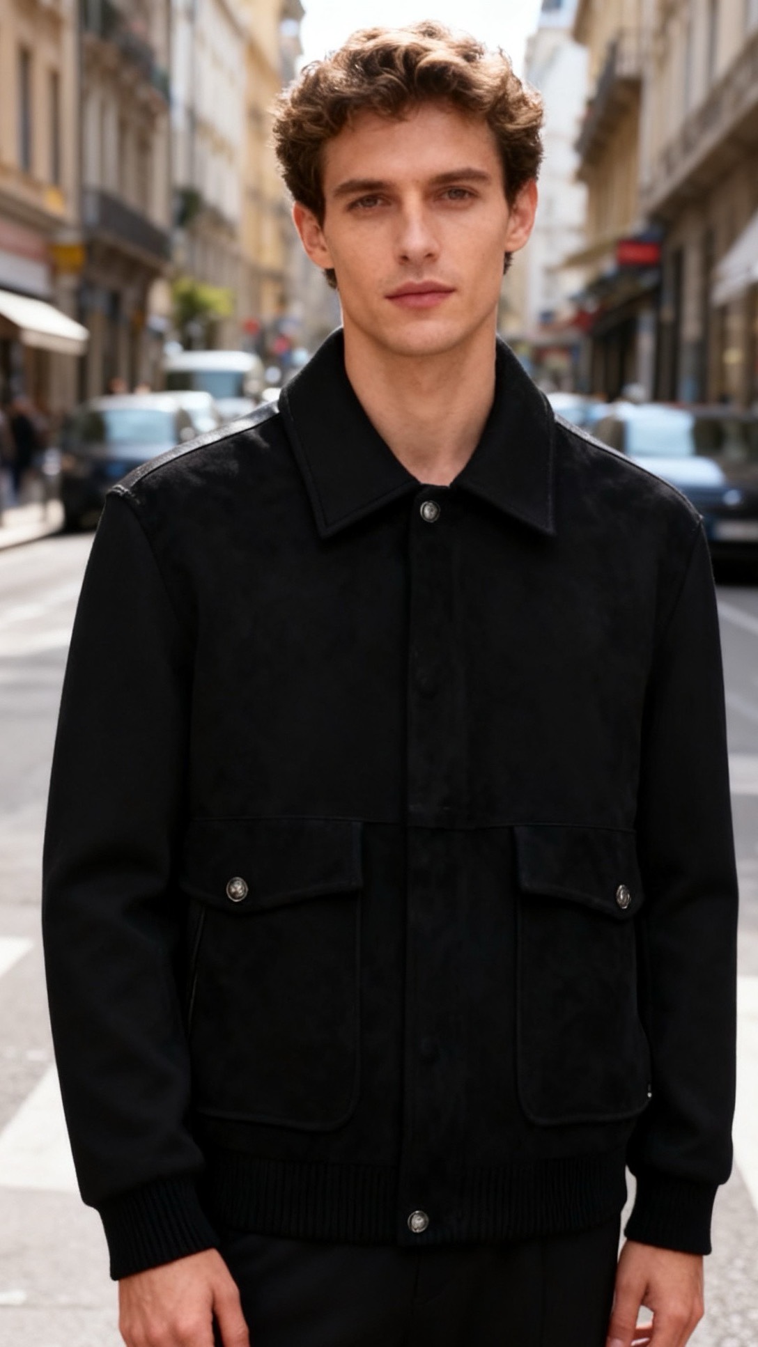 🔥lP🆕.25秋冬新品🆕时尚男士夹克，主体采用羊皮反绒皮面料拼接设计，羊皮部分覆盖衣身正面与翻领，肩部饰