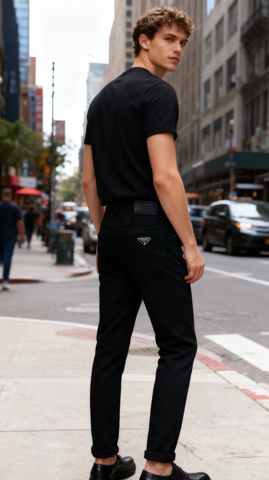 🔥普拉*/Pr*da.25秋冬新品！时尚男士纯黑色修身款牛仔长裤，裤型是小脚设计，裤脚处做了卷边处理；腰