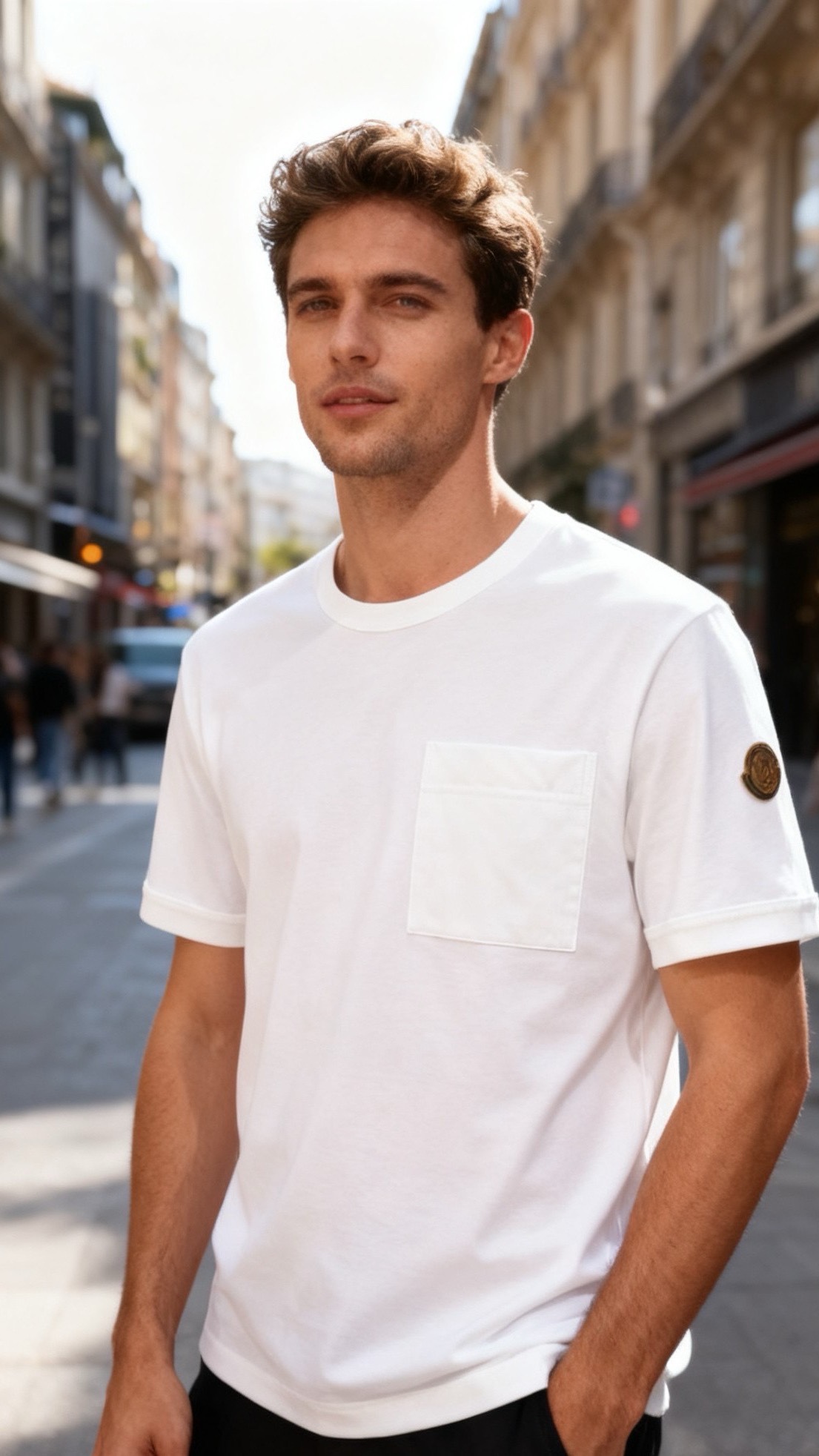 🔥蒙口/Monc*er.2026早春新品！时尚男士短袖T恤为基础圆领版型，衣身采用纯色设计，胸前位置拼接