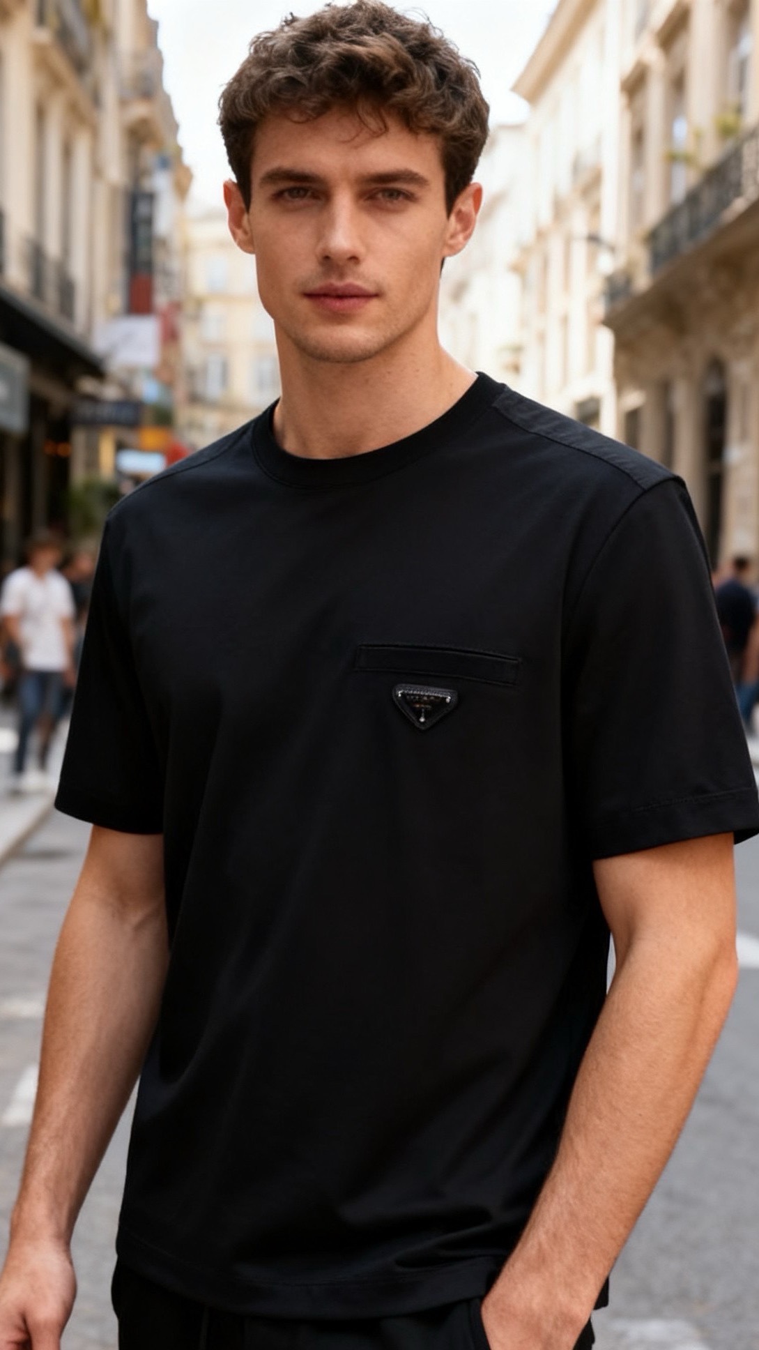 🔥普拉达/Pr*da.26早春新款！时尚男士短袖T恤为经典圆领版型，胸前位置设计了简约的贴袋，袋面镶嵌品