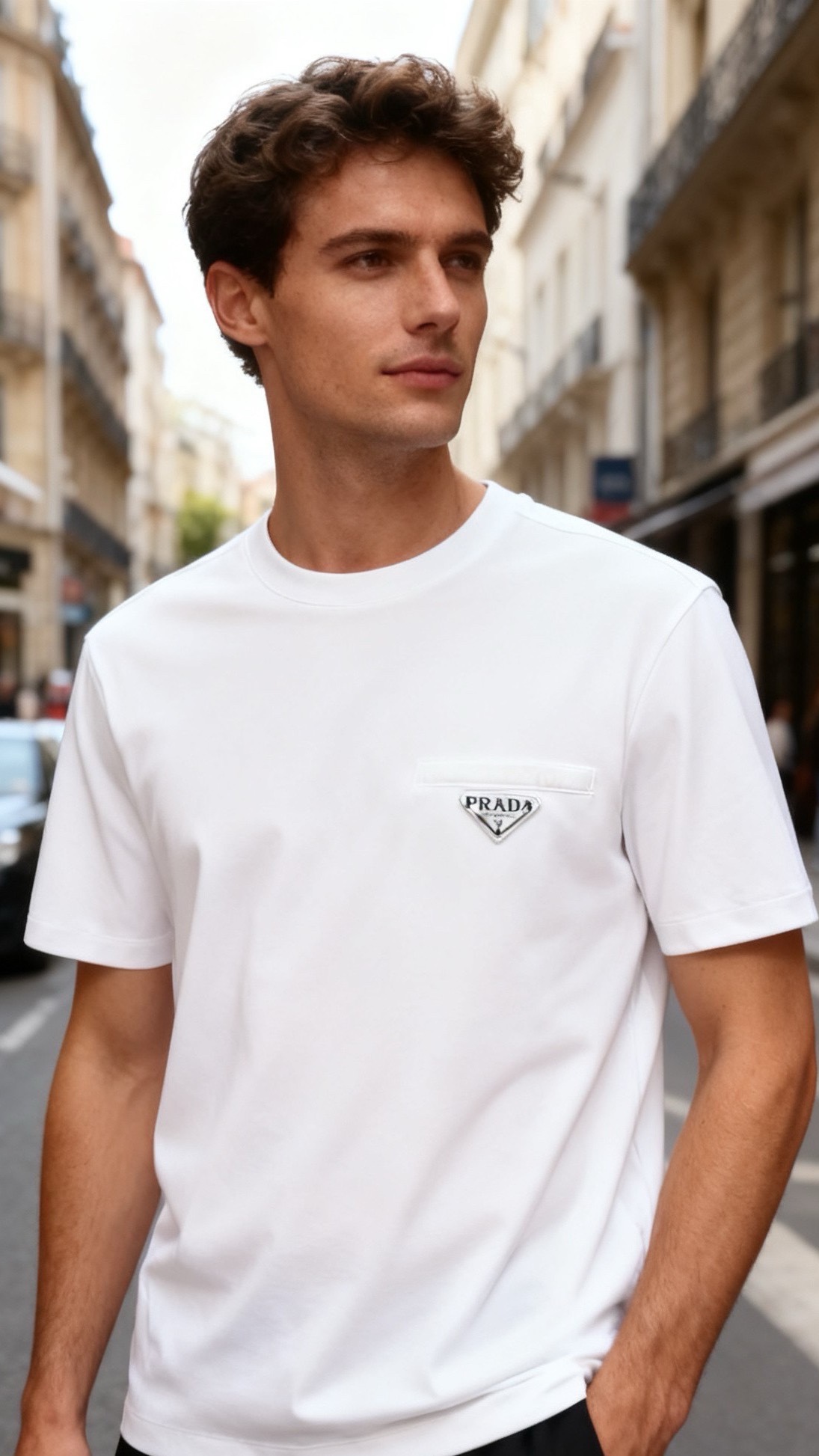 🔥普拉达/Pr*da.26早春新款！时尚男士短袖T恤为经典圆领版型，胸前位置设计了简约的贴袋，袋面镶嵌品