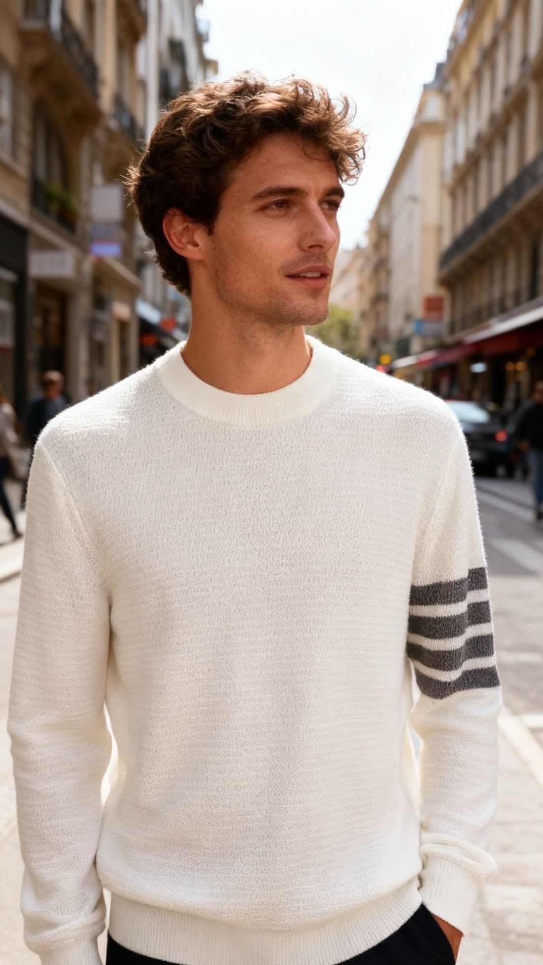 NO:680975,TB. 25 new autumn and winter products!  Fashionable men's half turtleneck sweater, made of a blend of 29.6 sheep wool fabrics. It combines the soft skin-friendly properties of sheep wool with the stiffness and durability of blended fabrics. The fabric presents a delicate waffle texture, which is comfortable to the touch and has a certain degree of warmth. The half turtleneck neckline fits the neck without any sense of restraint, and the long sleeves are tailored to fit regular body ratios.  For example, the right arm is decorated with the brand's classic striped splicing design as a visual highlight, and the overall shape is a simple casual fit; the hem and cuffs are naturally edged, which fits the body shape and is not easy to deform. It is a basic knitted item that can be worn in both daily casual and light business scenes. It can be worn directly outside or layered with a shirt to create a layered look!  Sizes 48-56, shipped next day!  ,,shirts,19860909TB. 25秋冬新品！时尚男士半高领针织衫,含29.6绵羊毛面料混纺制成,兼具绵羊毛的柔软亲肤特性与混纺面料的挺括耐穿性,面料呈现出细腻的华夫格肌理感,触感舒适且有一定保暖性；半高领领口贴合颈部无束缚感,长袖剪裁适配常规身形比例,右臂位置饰有品牌经典的条纹拼接设计作为视觉亮点,整体为简约的休闲版型；衣摆与袖口采用自然收边工艺,贴合身形且不易变形,是日常休闲与轻商务场景皆可穿着的基础款针织单品,可直接外穿或内搭衬衫打造层次感穿搭！尺码48-56,隔天出货！,,shirts,,Men's clothing