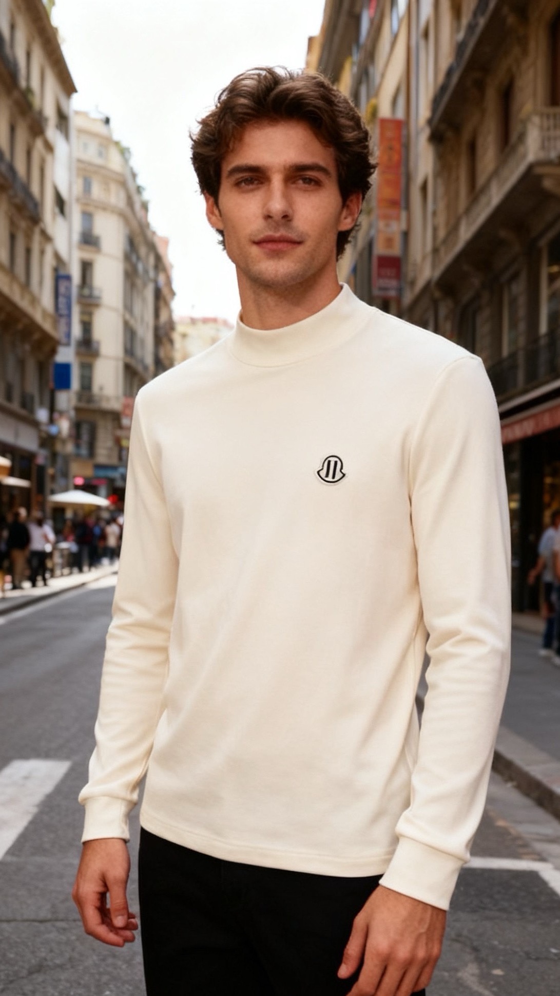 NO:680981,Mon*ler. New products for autumn and winter 25!  Men's classic and versatile half turtleneck long-sleeved top, made of lyocell, cotton and cashmere blended fabrics. It combines the drape and breathability of lyocell, the skin-friendly softness of cotton and the delicate warmth of cashmere. The fabric feels smooth and has good ductility and constant temperature effect; the half turtleneck neckline fits the neck without a sense of restraint, and the long sleeves  The cut is suitable for regular body proportions, and the brand LOGO design on the chest is a simple clean design; the cuffs are ribbed to improve the fit and durability. It is a high-quality interior item for daily casual and light business scenes. It can be worn directly outside or layered with jackets, suits, etc., and is suitable for a variety of styles!  Sizes 48-56, shipped next day!  ,,Moncler,jackets & coats,business suit,19860909蒙口/Mon*ler. 25秋冬新品！男士经典百搭半高领长袖上衣,采用莱赛尔、棉与山羊绒混纺面料制作,融合莱赛尔的垂顺透气、棉的亲肤柔软以及山羊绒的细腻保暖特性,面料触感顺滑且兼具良好的延展性与恒温效果；半高领领口贴合颈部无束缚感,长袖剪裁适配常规身形比例,胸前品牌LOGO设计整体为简约净版设计；袖口采用罗纹收边工艺,提升穿着贴合度与耐穿性,是日常休闲与轻商务场景的优质内搭单品,可直接外穿或搭配夹克、西装等叠穿,适配多种穿搭风格！尺码48-56,隔天出货！,,Moncler,jackets & coats,business suit,,Men's clothing