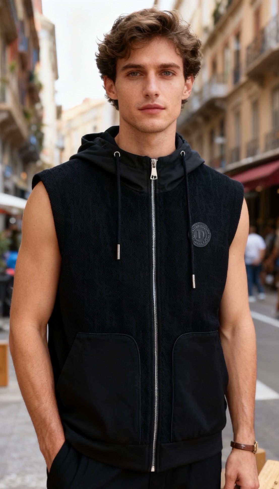 🔥迪奥/Di*r.25秋冬男士连帽马甲，是兼具休闲与设计感的秋冬叠穿单品👍它采用连帽拉链款式，抽绳配金属