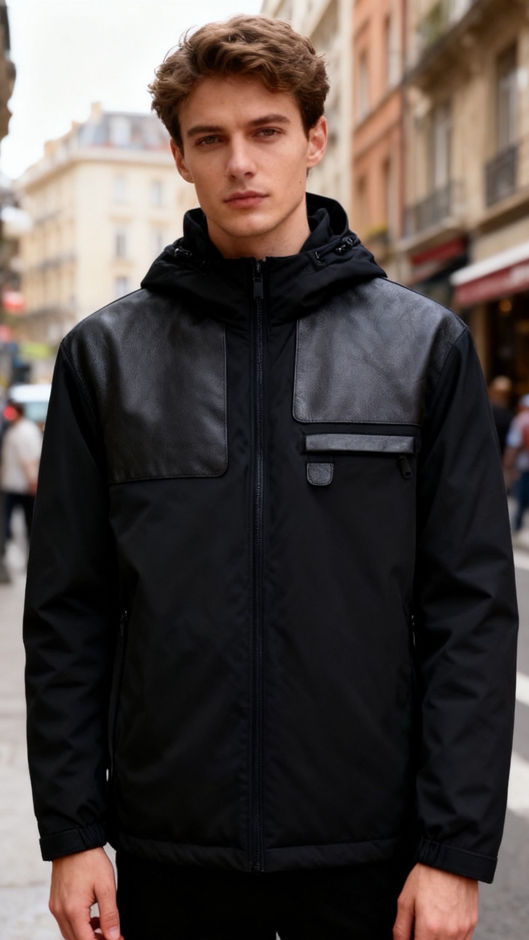 🔥杰尼亚.25秋冬新品男士连帽羽绒服👍采用防风防水的科技面料与质感皮革拼接打造，内胆填充优质羽绒，蓬松度