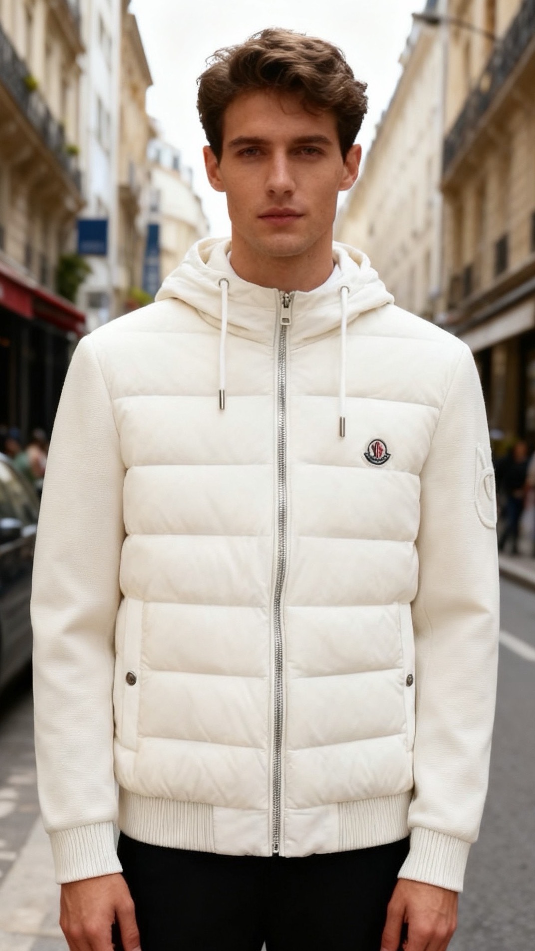 🔥蒙口.25秋冬新款！时尚男士连帽羽绒服👍采用防风防泼水面料与细腻针织拼接打造，内胆填充高蓬松度羽绒，锁