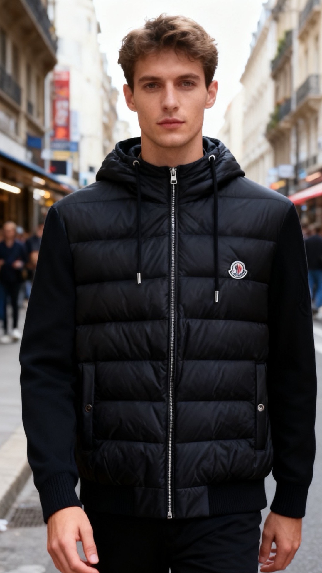 🔥蒙口.25秋冬新款！时尚男士连帽羽绒服👍采用防风防泼水面料与细腻针织拼接打造，内胆填充高蓬松度羽绒，锁