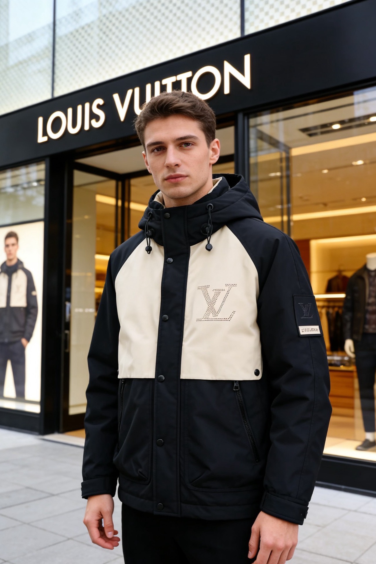 🔥路易威*/LV.（🌾）2025秋冬新款时尚男士拼色连帽羽绒服👍采用防风防水的高机能面料制作，内充高品质