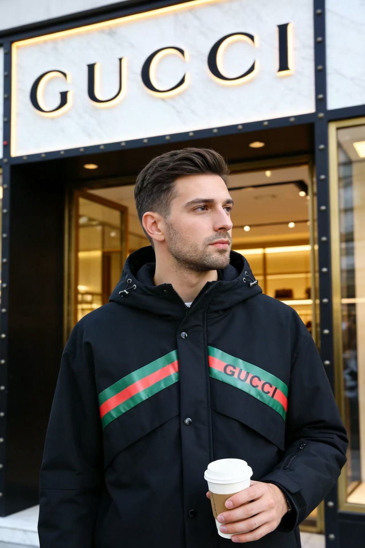 🔥古驰/Gu*ci.（🌾）25秋冬男士连帽羽绒外套，属于品牌兼具功能性与标志性设计的秋冬单品。它采用防风