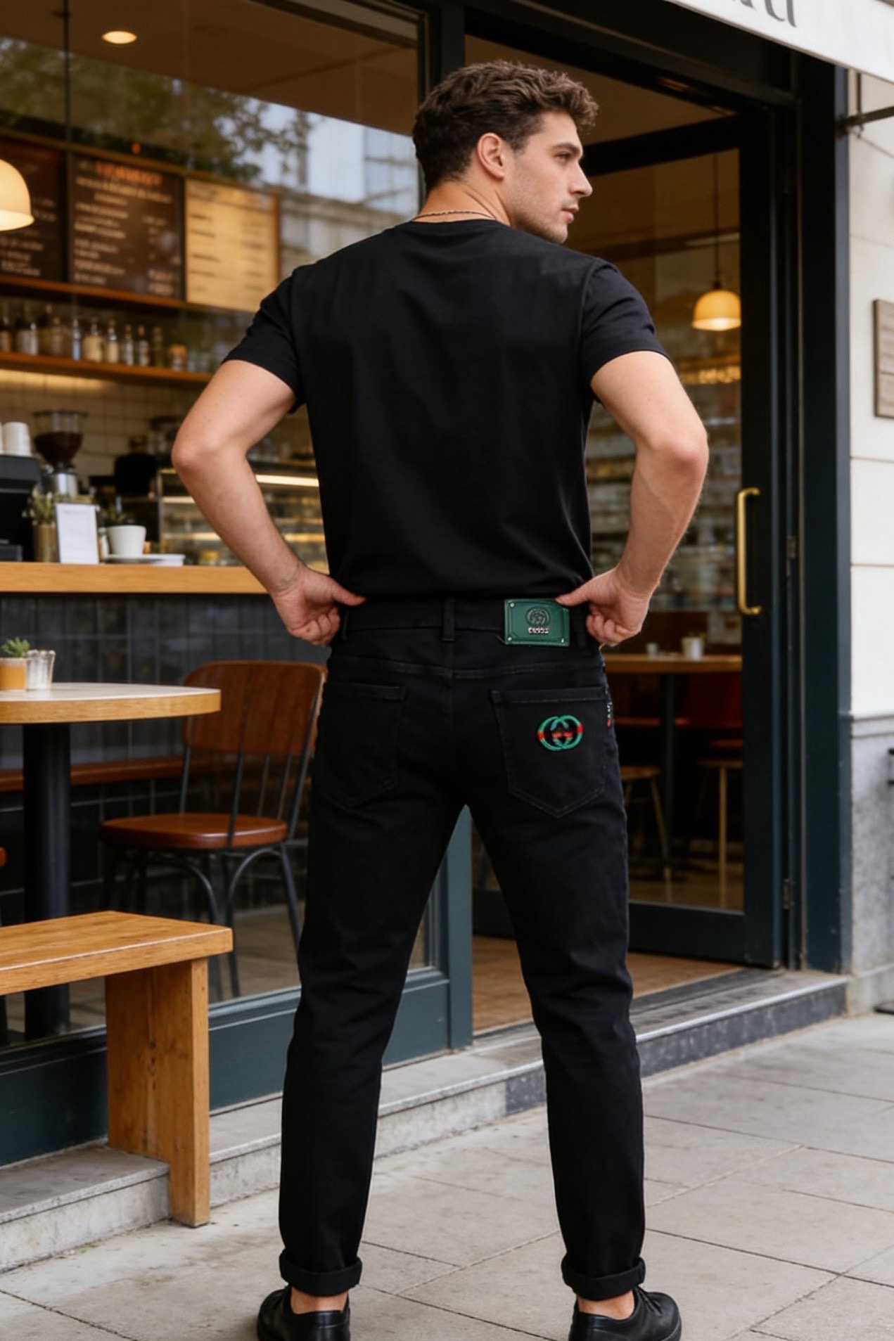 NO:877402,Gucci. Men's dark jeans are the brand's single product that combines simple texture and iconic details. It is made of high-density stretch denim fabric, which is soft to the touch and has good wrinkle resistance and wear resistance, and is not easy to fade and deform. The luxury classic brand element LOGO is paired with low-key pure black pants to hide the brand identification.  It's classy and the details show a light and luxurious texture. The slim tapered cut fits the leg line and can modify the shape of the legs. It is suitable for a variety of combinations such as casual shoes and formal leather shoes. Whether it is daily commuting or light social scenes, it can easily enhance the sense of luxury. It is a versatile item in the wardrobe that is both practical and luxurious!  Sizes 29-38, yes 35/no 37!  Ships next day!  ,,gucci,jeans,19860909古驰.男士深色牛仔裤,属于品牌兼具简约质感与标志性细节的单品.它采用高密弹力牛仔面料,触感柔软且兼具良好的抗皱性与耐磨性,不易褪色变形.奢华经典品牌元素LOGO搭配在低调的纯黑裤身上暗藏品牌辨识度,细节处彰显轻奢质感.修身锥形剪裁贴合腿部线条,能修饰腿型,适配休闲鞋履与正装皮鞋等多种搭配,无论是日常通勤还是轻社交场景,都能轻松提升造型的高级感,是衣橱中兼具实用性与奢华感的百搭单品！尺码29-38,有35/无37！隔天出货！,,gucci,jeans,,Men's clothing