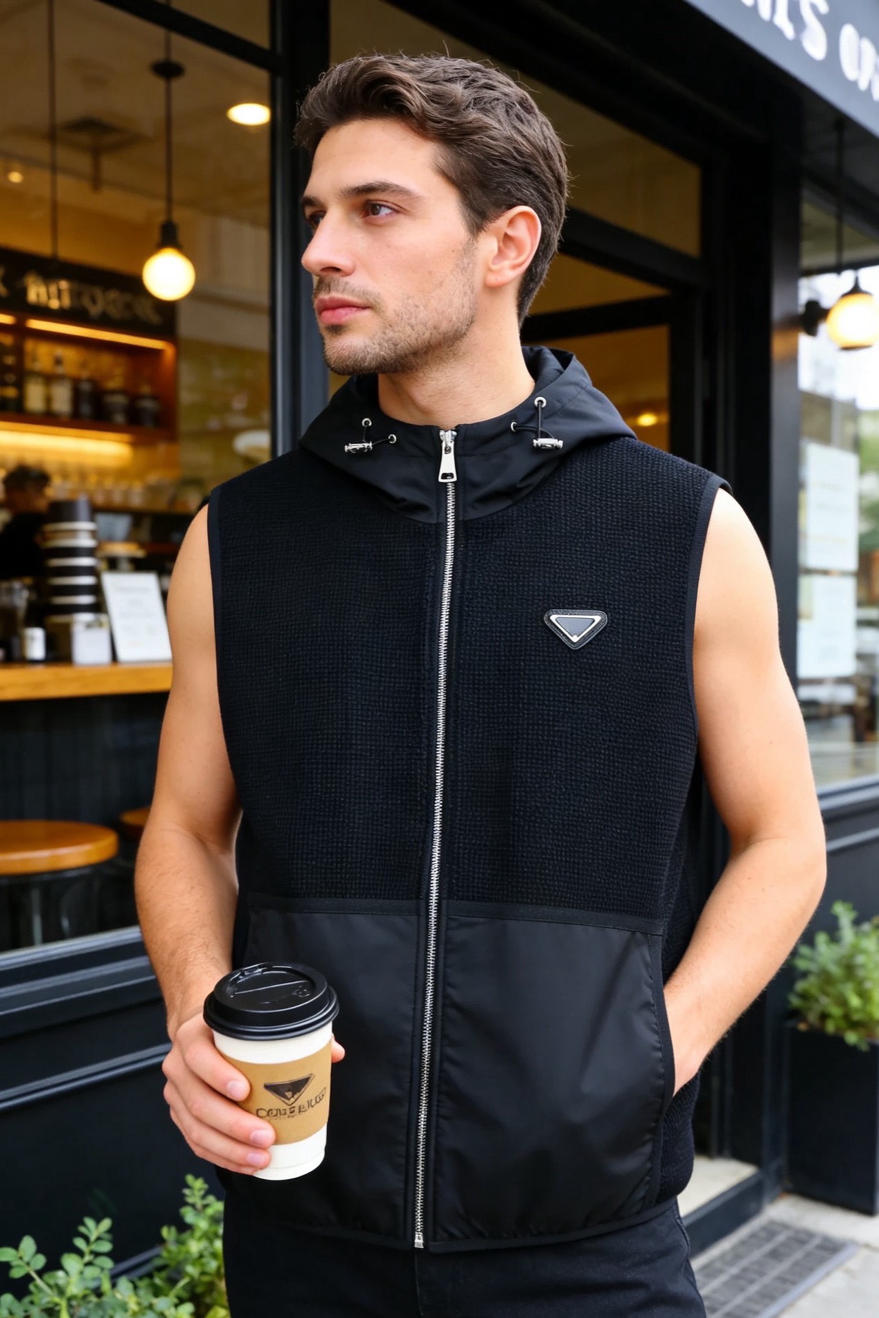 🔥普拉*/Pra*a.2026春季新品！时尚男士经典连帽无袖版型，前襟拉链开合设计，帽口抽绳可自由调节松