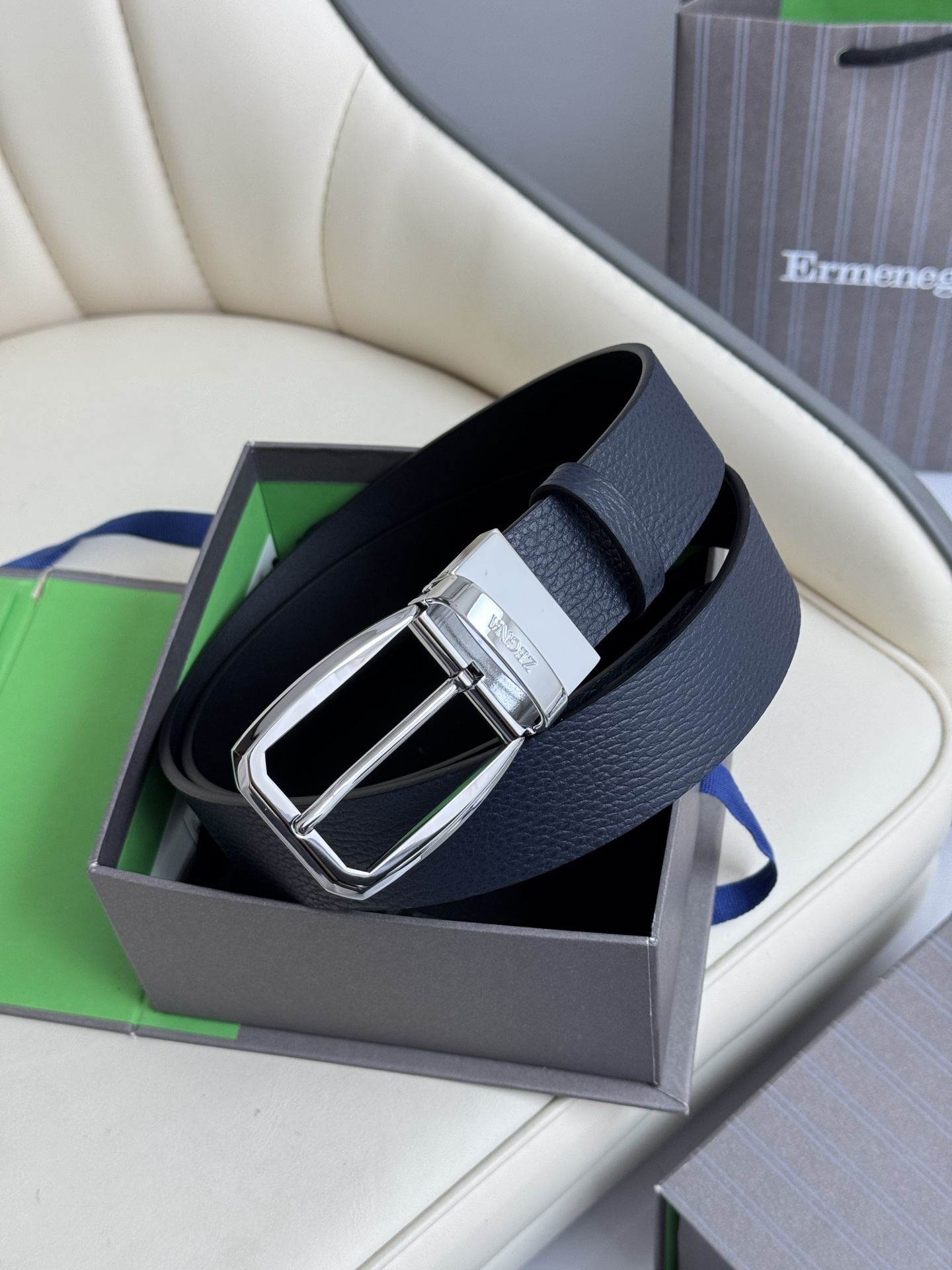 Zegna Reversible Leather Belt with Buckle, 3.5cm Width 2 i1750655718422 8413 0 0