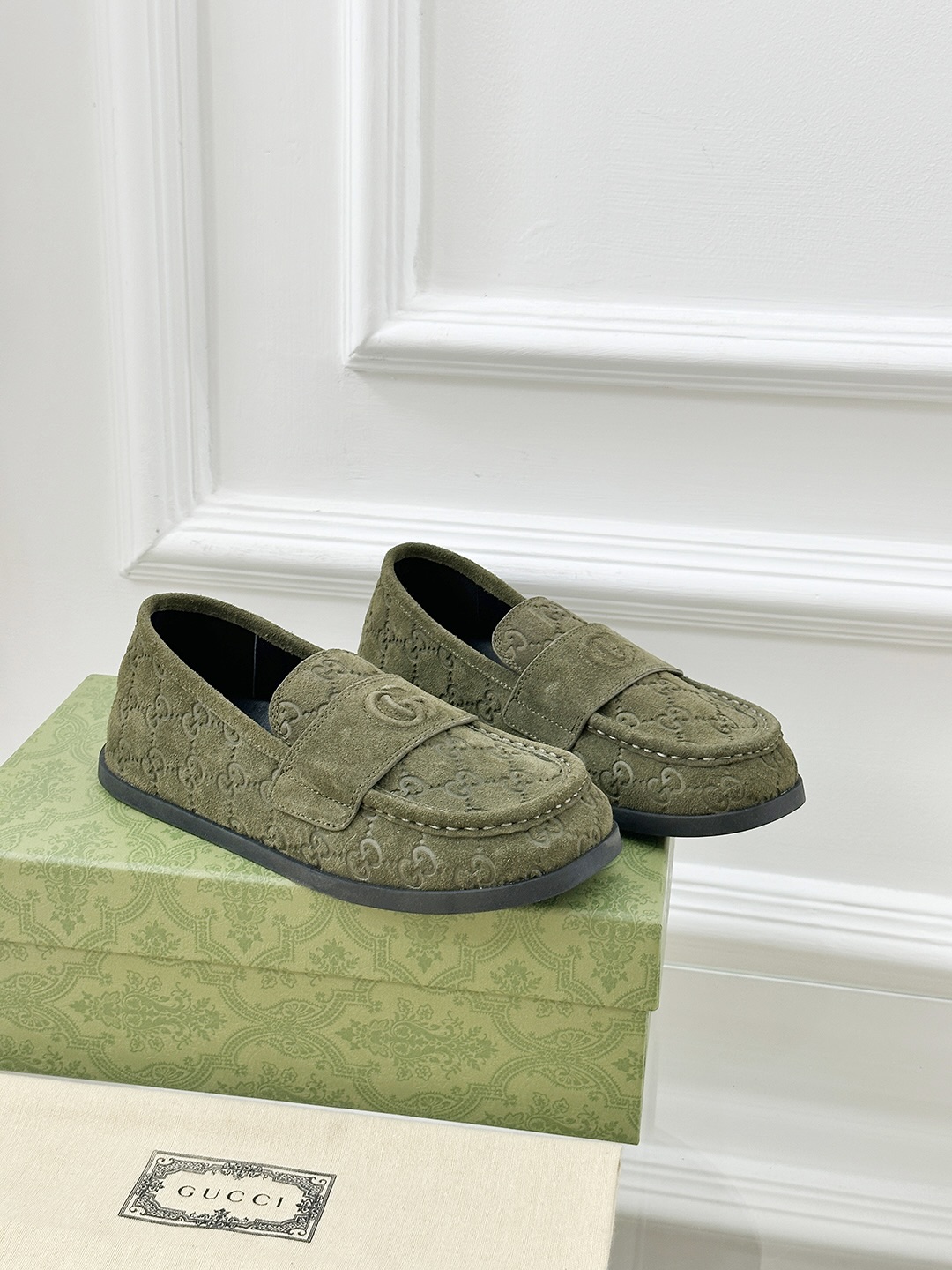 Gucci Early Spring Thick-Soled Loafers with GG Motif in Olive Green Suede 3 i1743241033315 1958 0 0