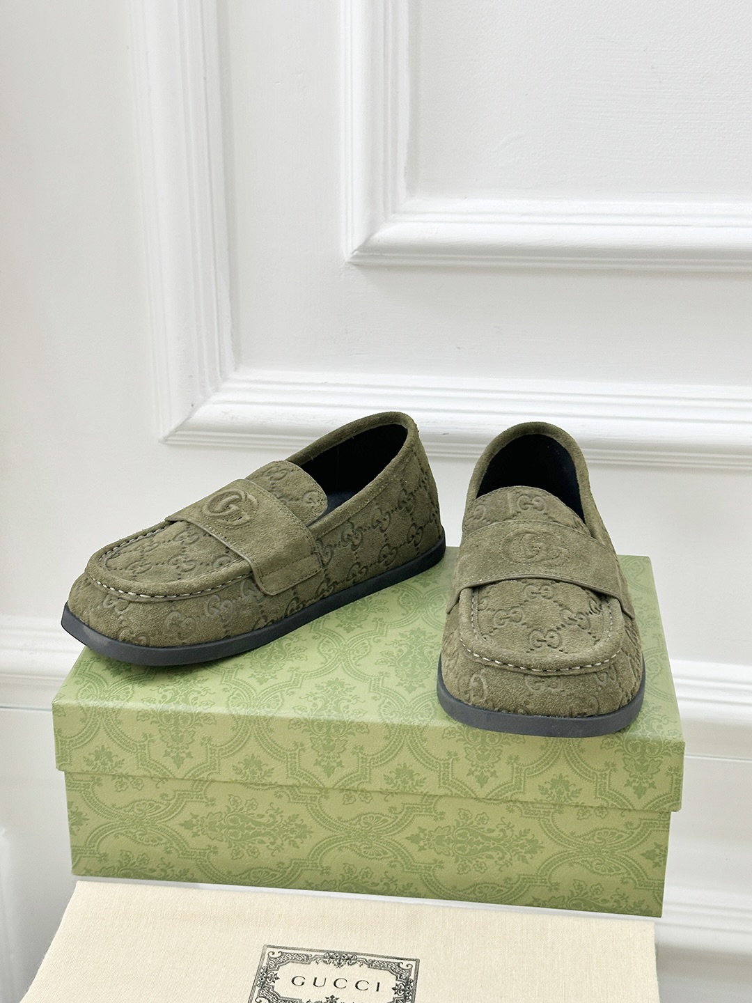 Gucci Early Spring Thick-Soled Loafers with GG Motif in Olive Green Suede 5 i1743241033316 2069 0 2
