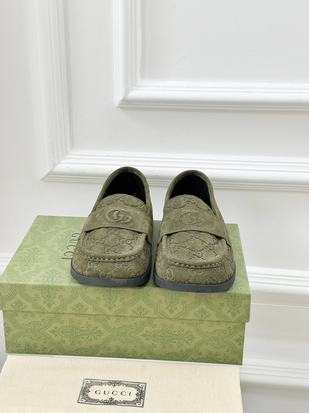 Gucci Early Spring Thick-Soled Loafers with GG Motif in Olive Green Suede 4 i1743241034831 9041 0 1