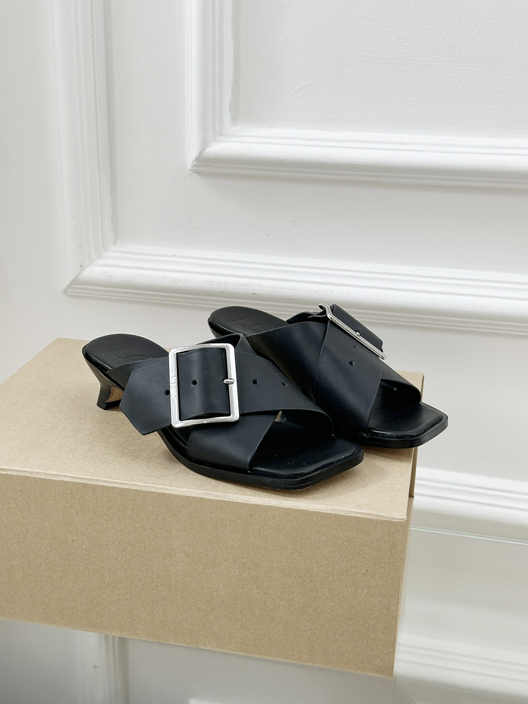 LOEWE Women's Black Leather Buckle Heeled Sandals Mules Slides Shoes 2 i1743324261549 6060 0 0