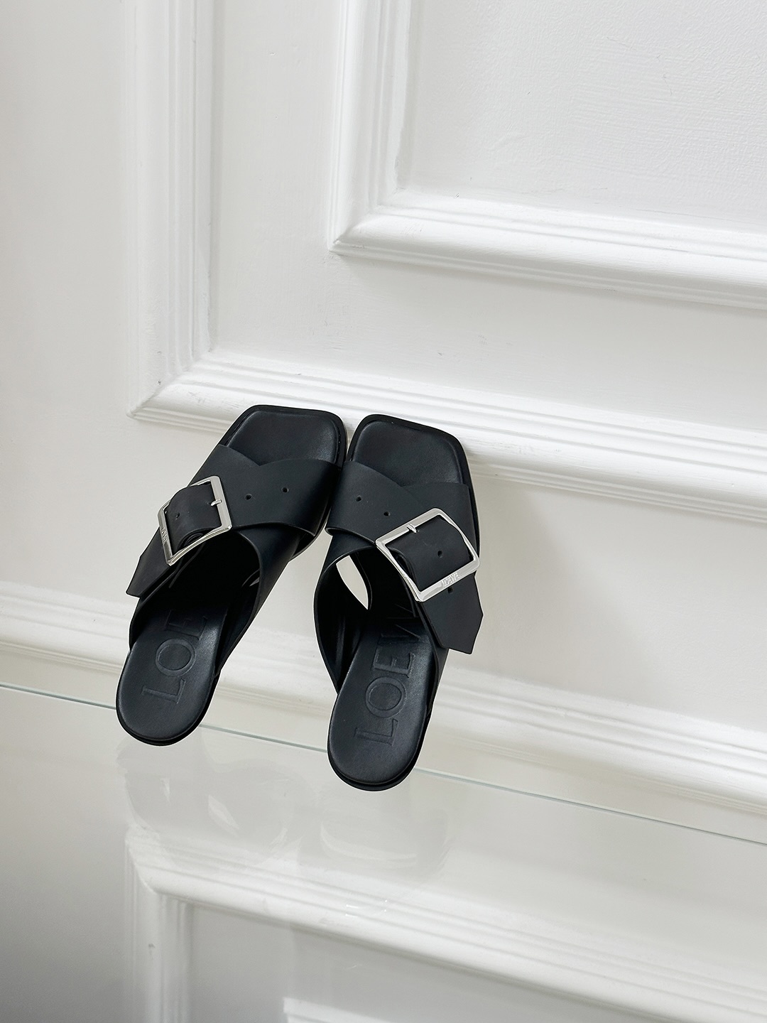 LOEWE Women's Black Leather Buckle Heeled Sandals Mules Slides Shoes 7 i1743324264347 661 0 5