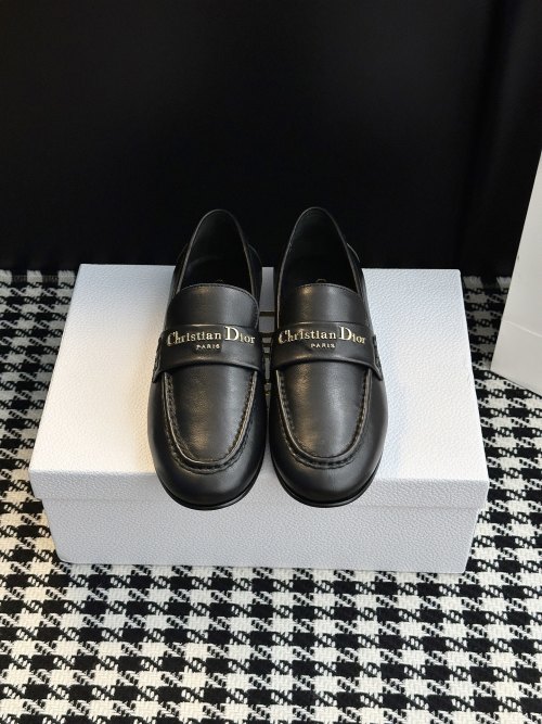 Dior Paris Leather Loafers - Classic Design with Gold Metal Logo Accent